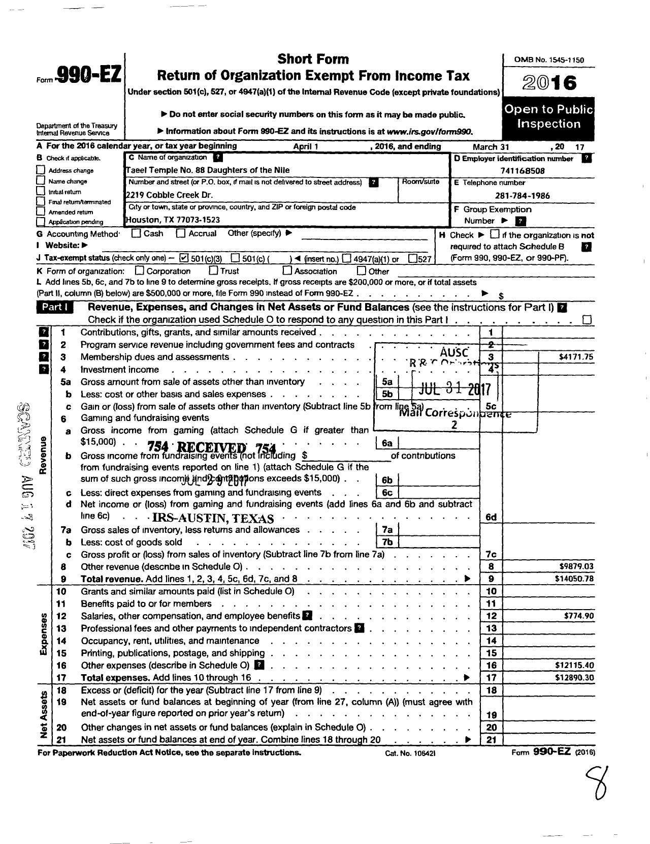 Image of first page of 2016 Form 990EZ for Daughters of the Nile - 88 Tabeel