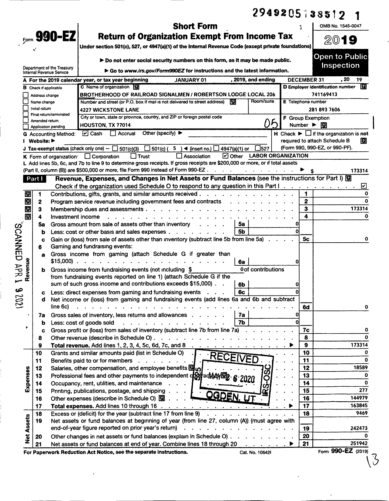 Image of first page of 2019 Form 990EO for Brotherhood of Railroad Signalmen - 206 Robertson Local