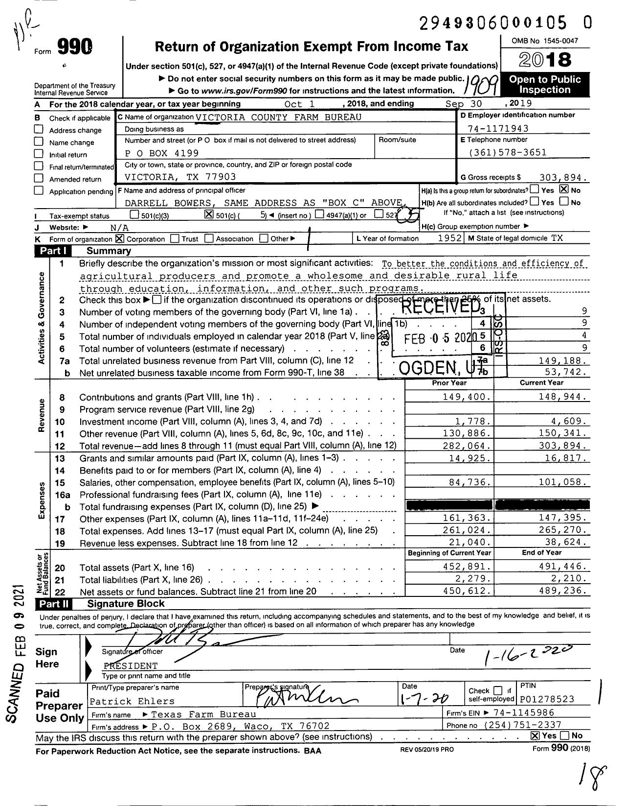 Image of first page of 2018 Form 990O for Victoria County Farm Bureau