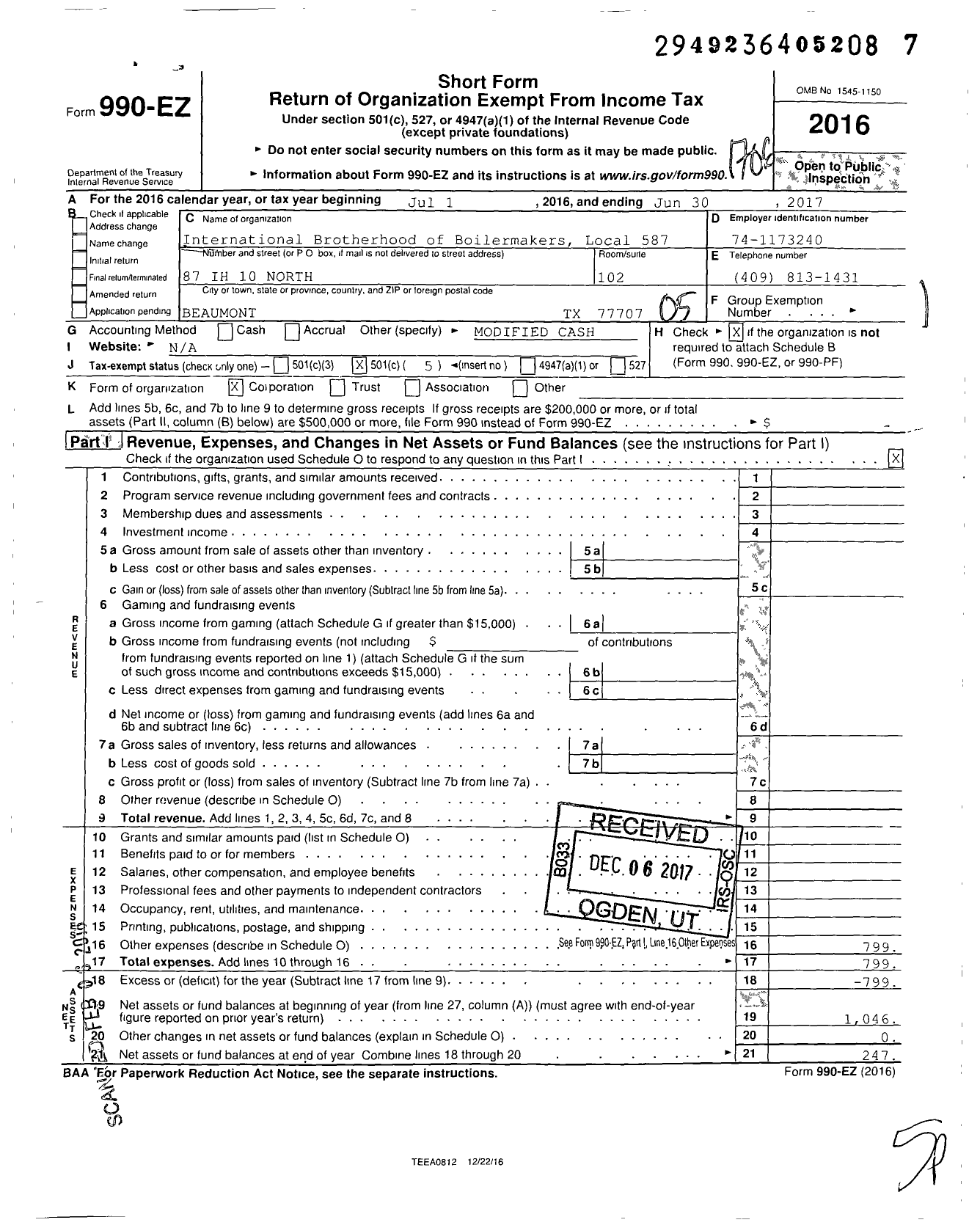 Image of first page of 2016 Form 990EO for International Brotherhood of Boilermakers - 587 Lodge