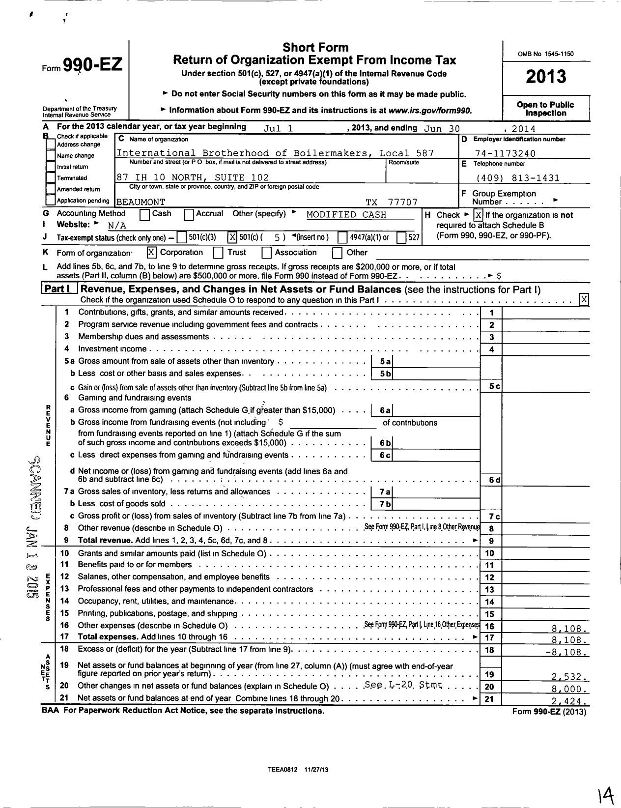 Image of first page of 2013 Form 990EO for International Brotherhood of Boilermakers - 587 Lodge