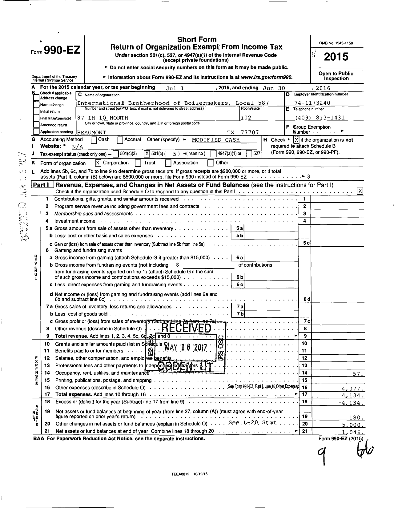 Image of first page of 2015 Form 990EO for International Brotherhood of Boilermakers - 587 Lodge