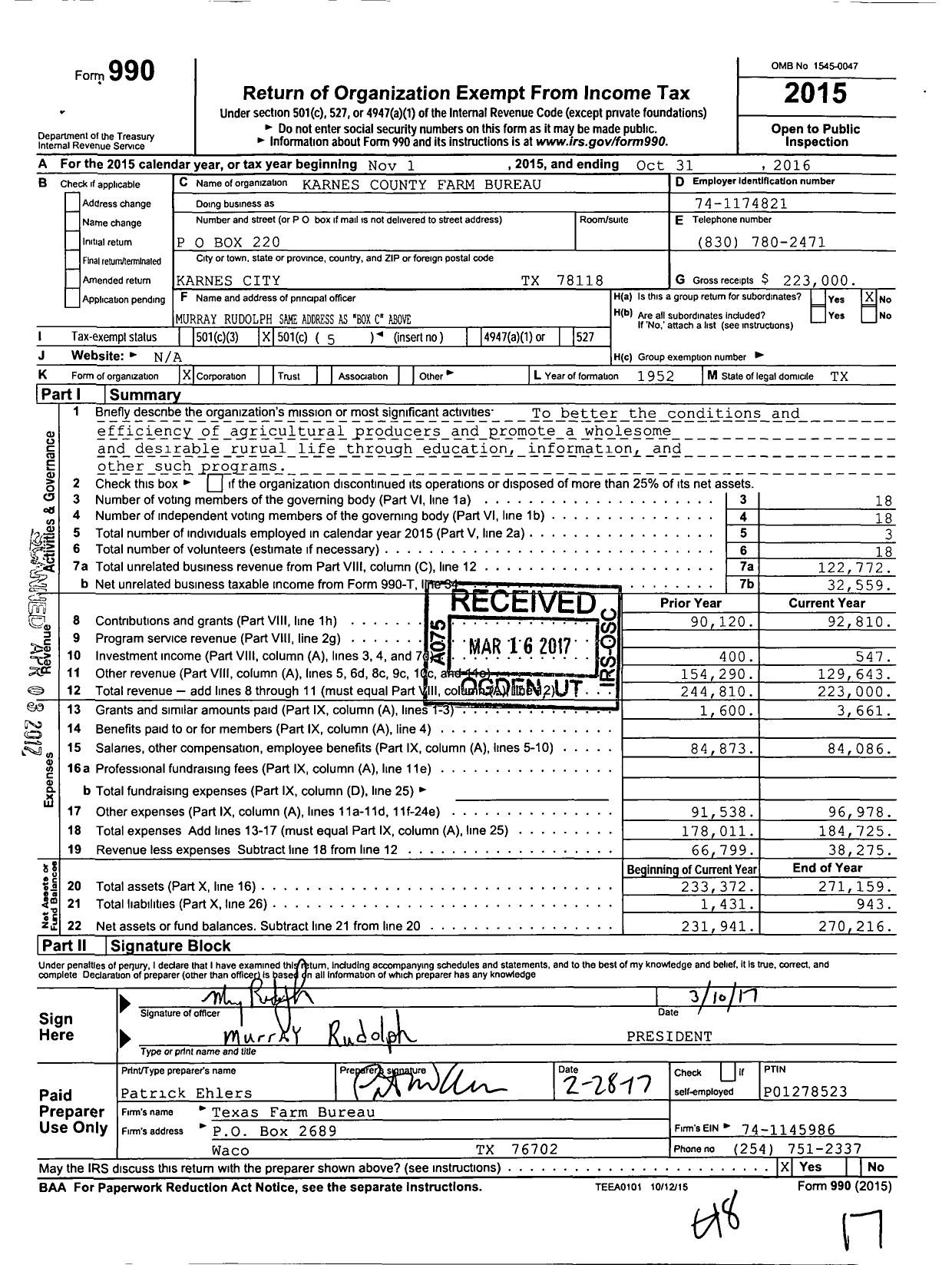 Image of first page of 2015 Form 990O for Karnes County Farm Bureau