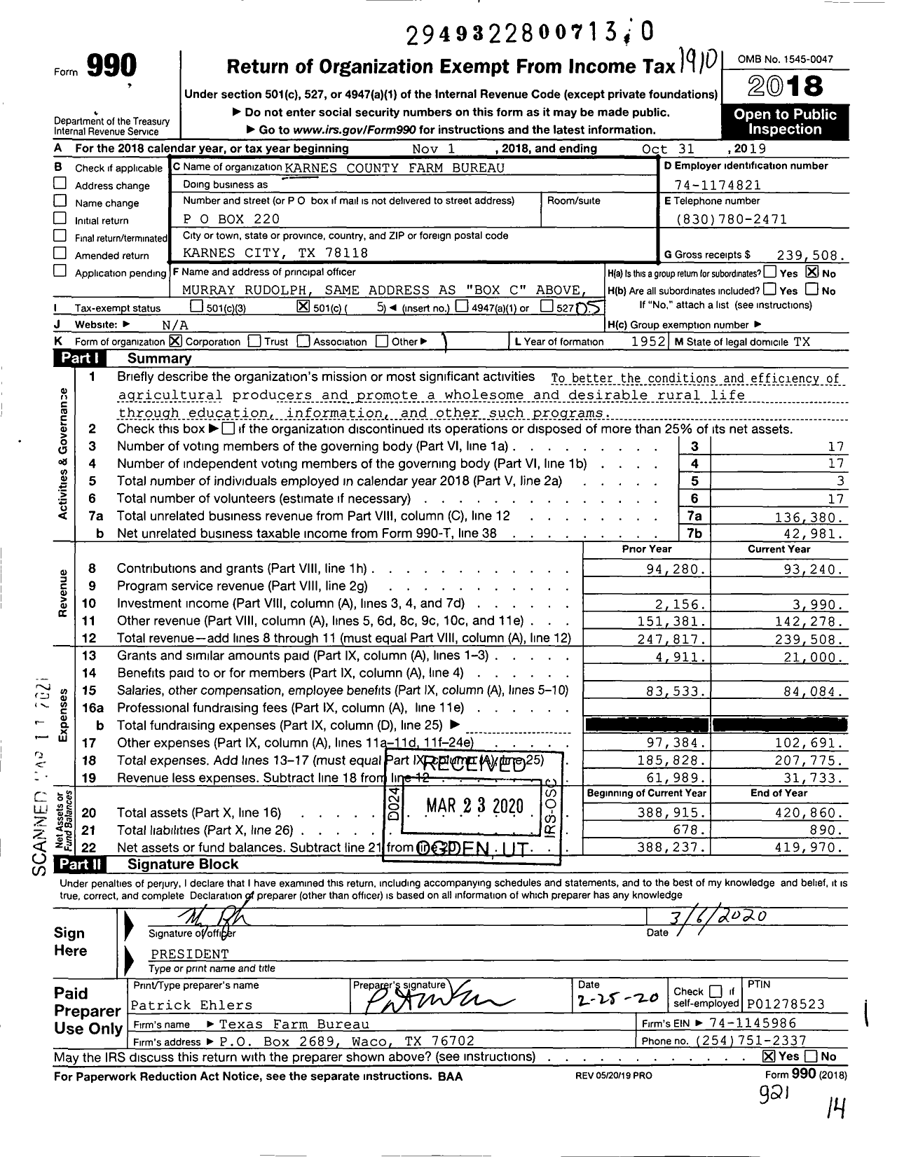 Image of first page of 2018 Form 990O for Karnes County Farm Bureau