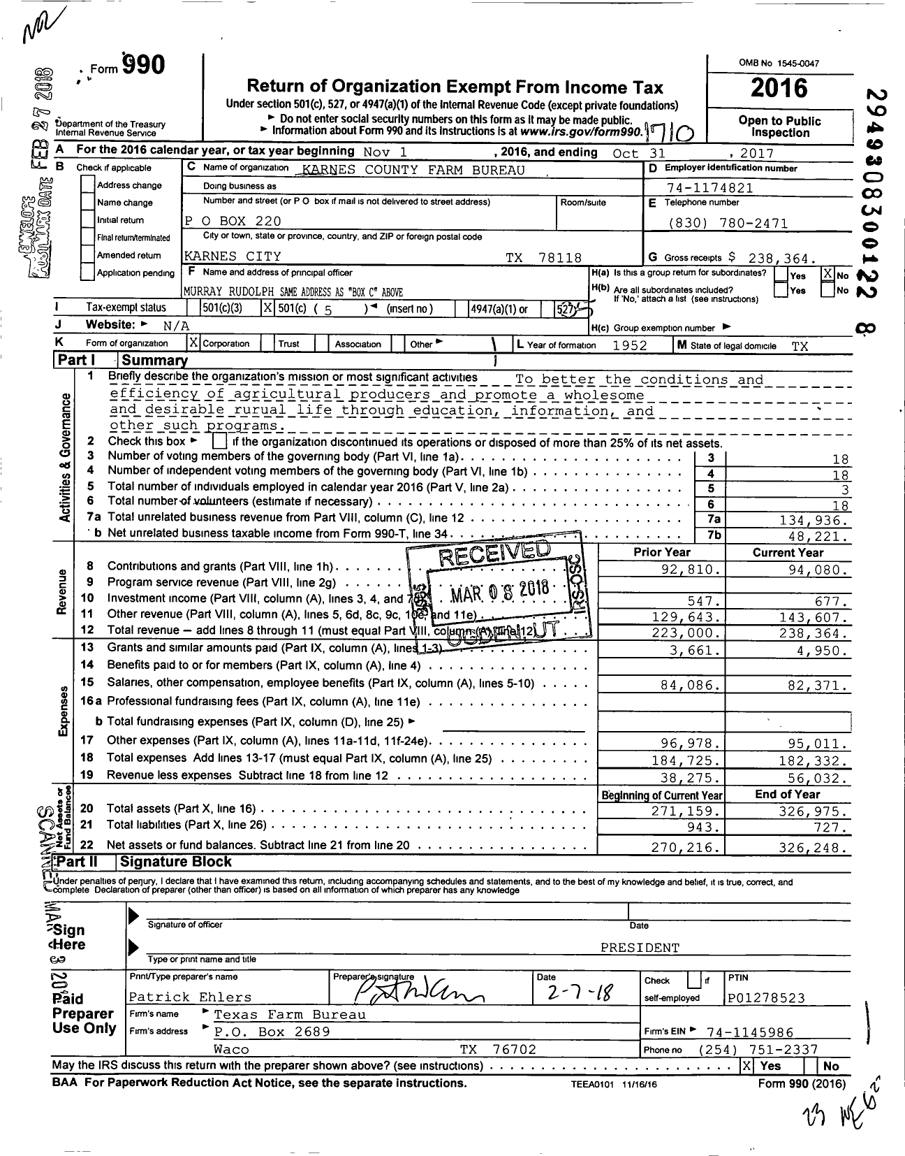 Image of first page of 2016 Form 990O for Karnes County Farm Bureau