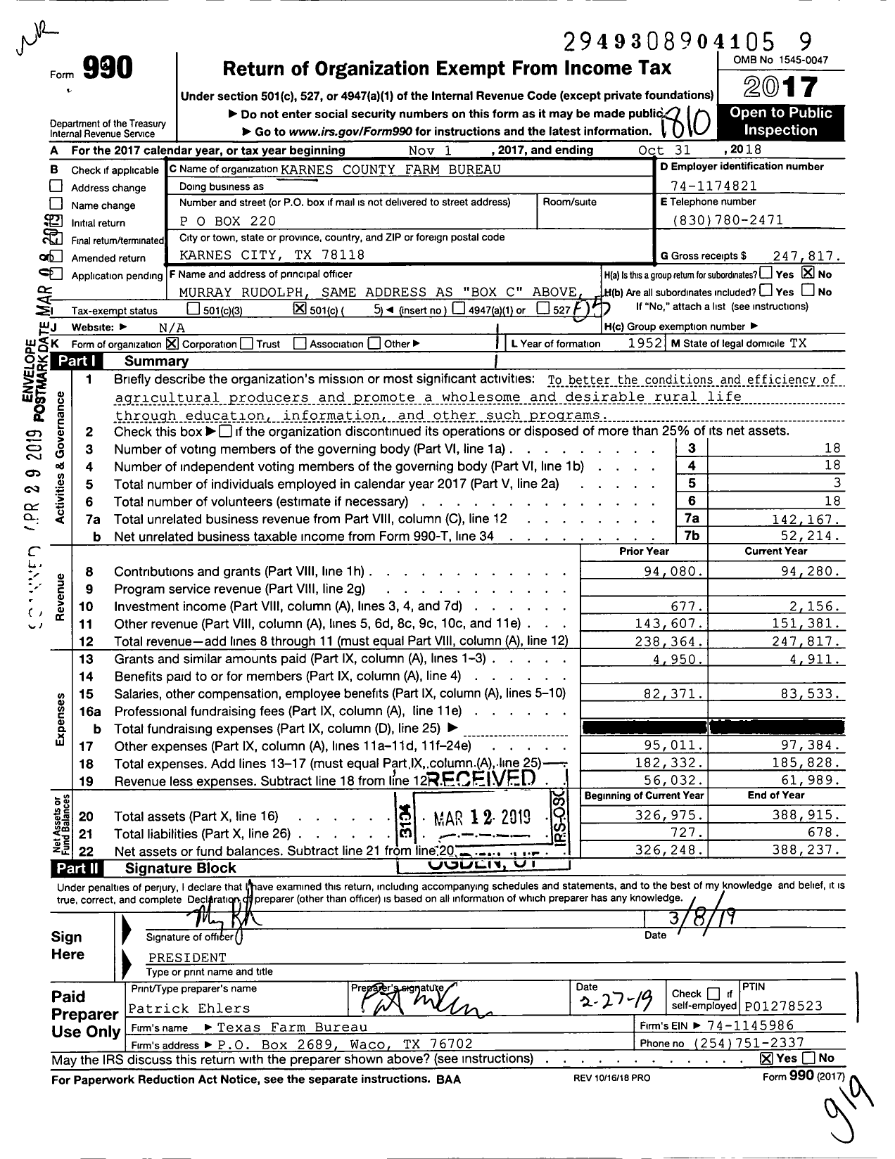 Image of first page of 2017 Form 990O for Karnes County Farm Bureau