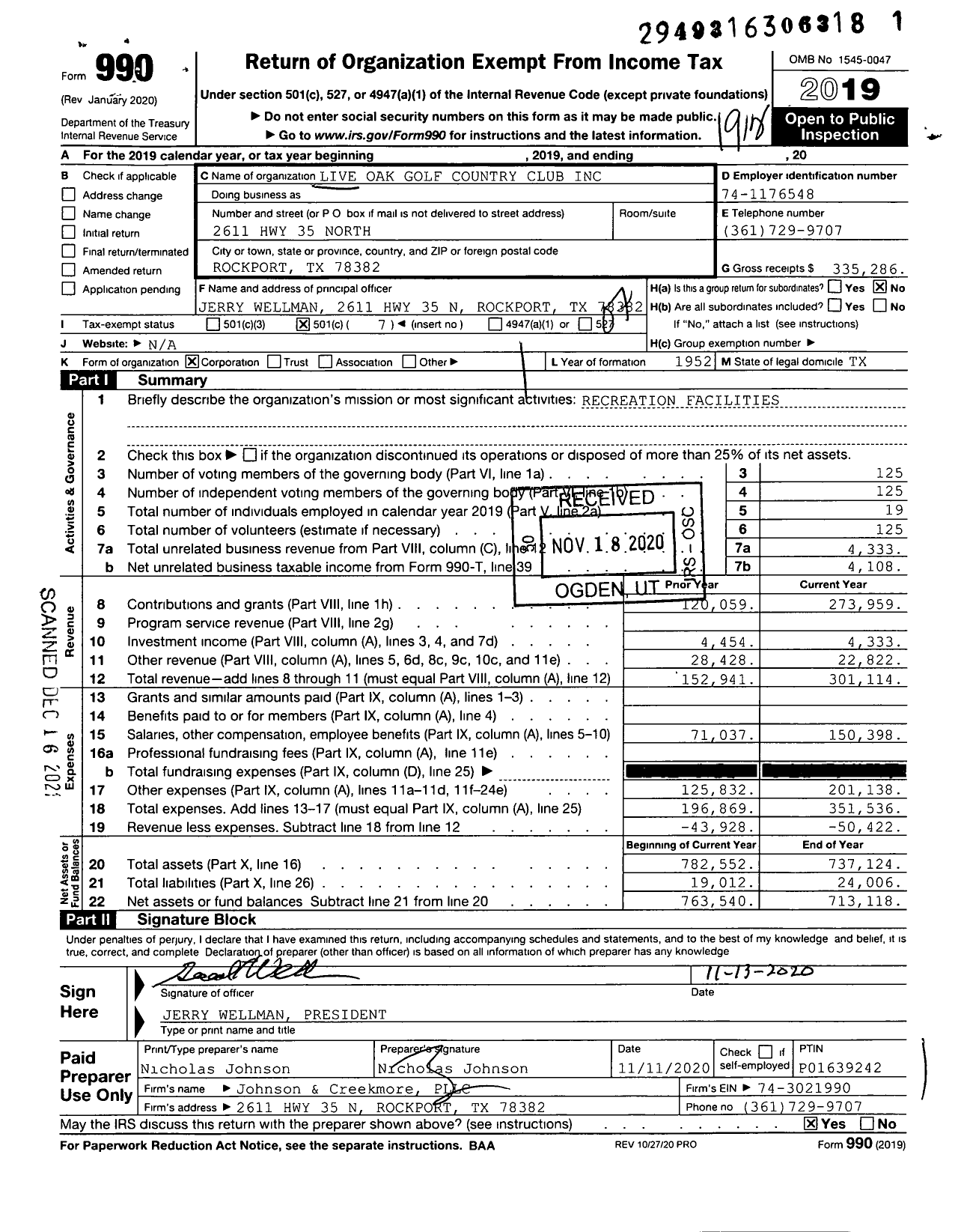 Image of first page of 2019 Form 990O for Live Oak Golf Country Club