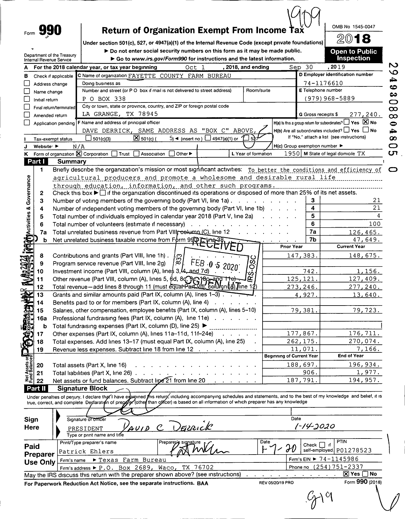 Image of first page of 2018 Form 990O for Fayette County Farm Bureau