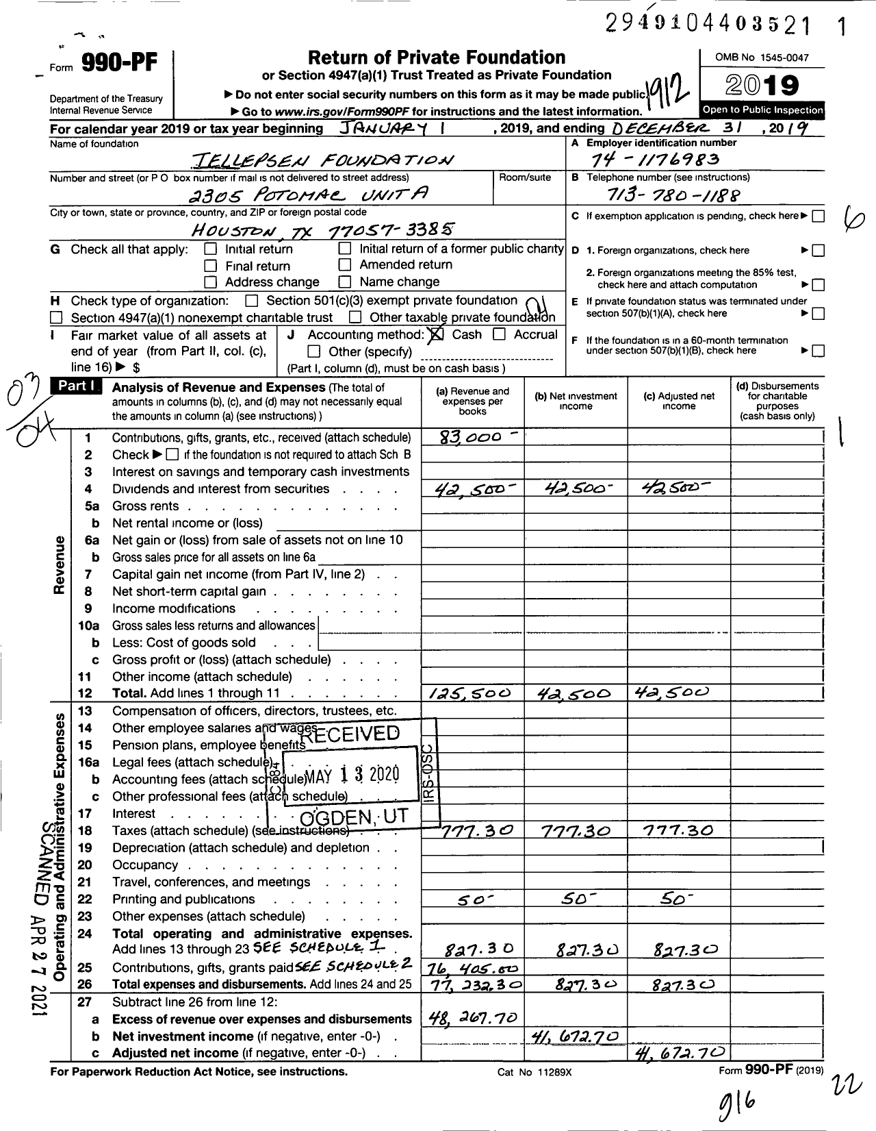 Image of first page of 2019 Form 990PF for Tellepsen Foundation