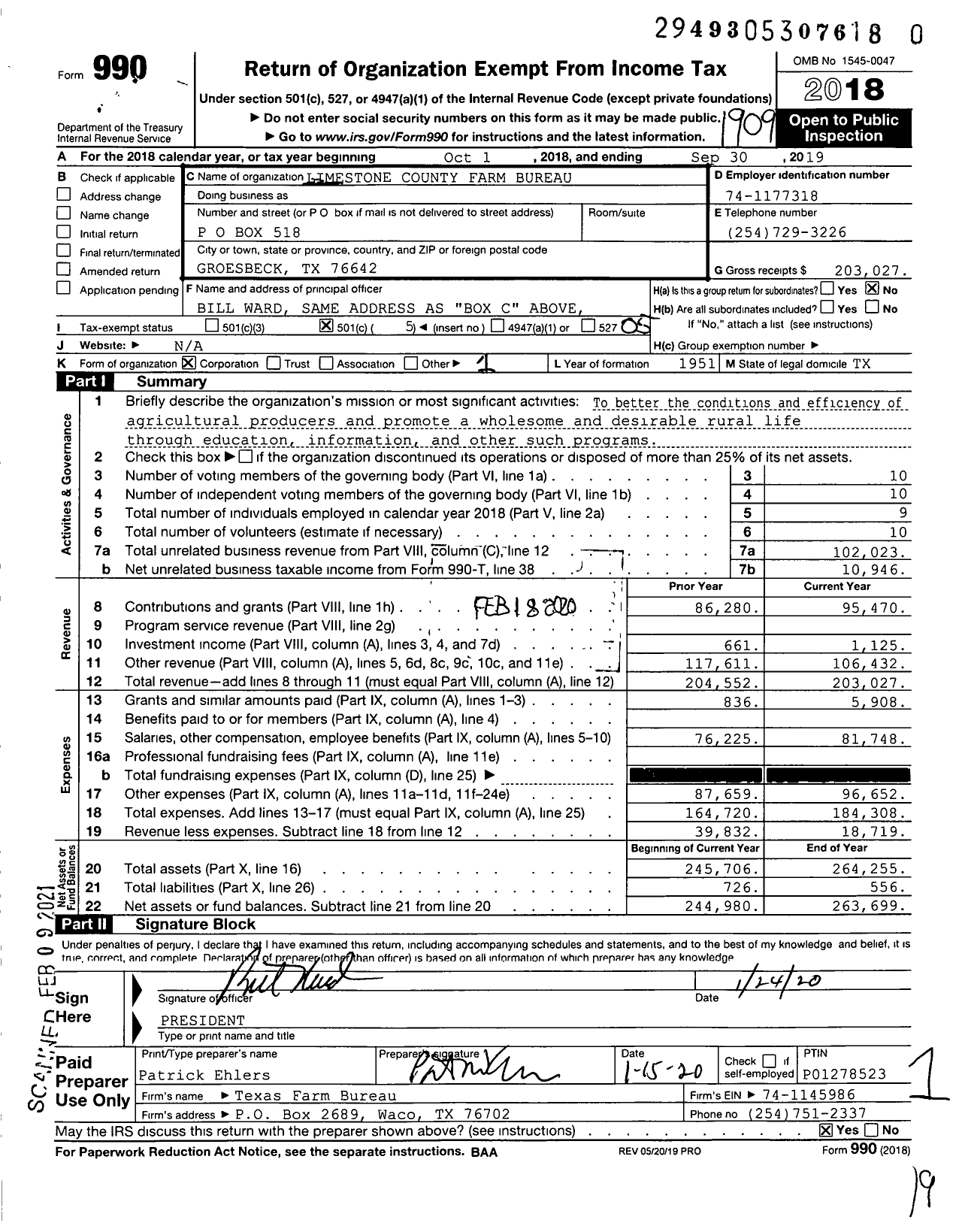 Image of first page of 2018 Form 990O for Limestone County Farm Bureau