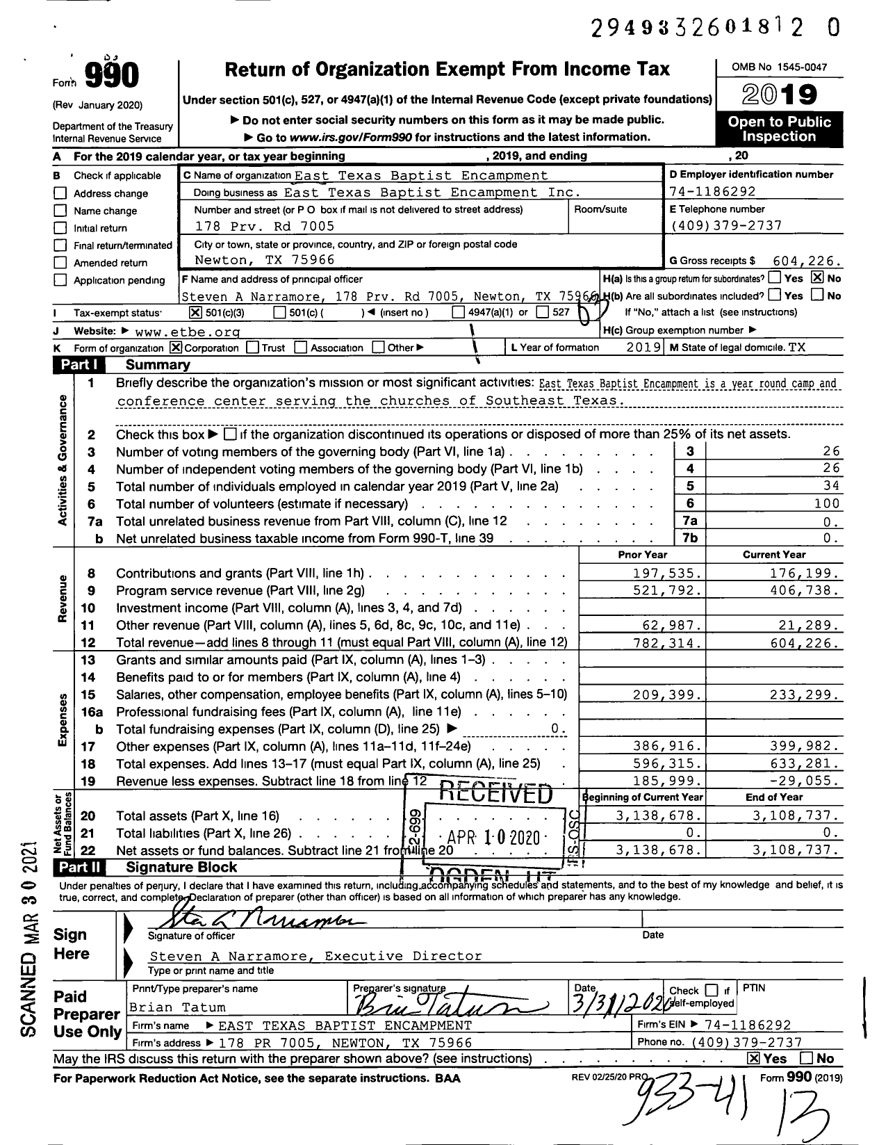 Image of first page of 2019 Form 990 for East Texas Baptist Encampent