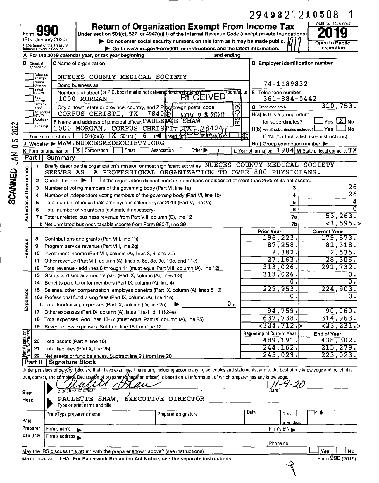 Image of first page of 2019 Form 990O for Nueces County Medical Society