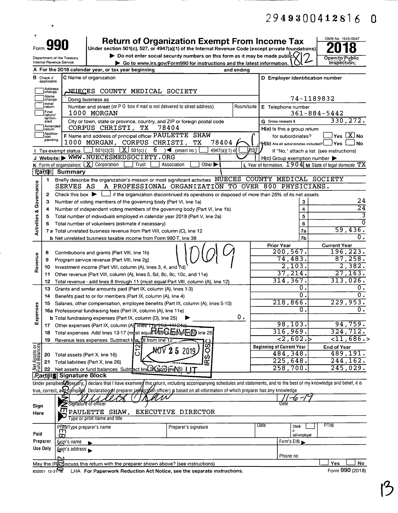 Image of first page of 2018 Form 990O for Nueces County Medical Society