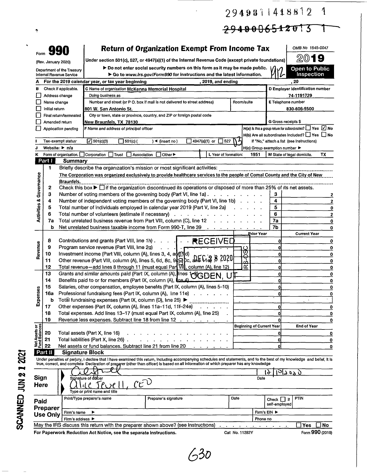 Image of first page of 2019 Form 990 for Mckenna Memorial Hospital