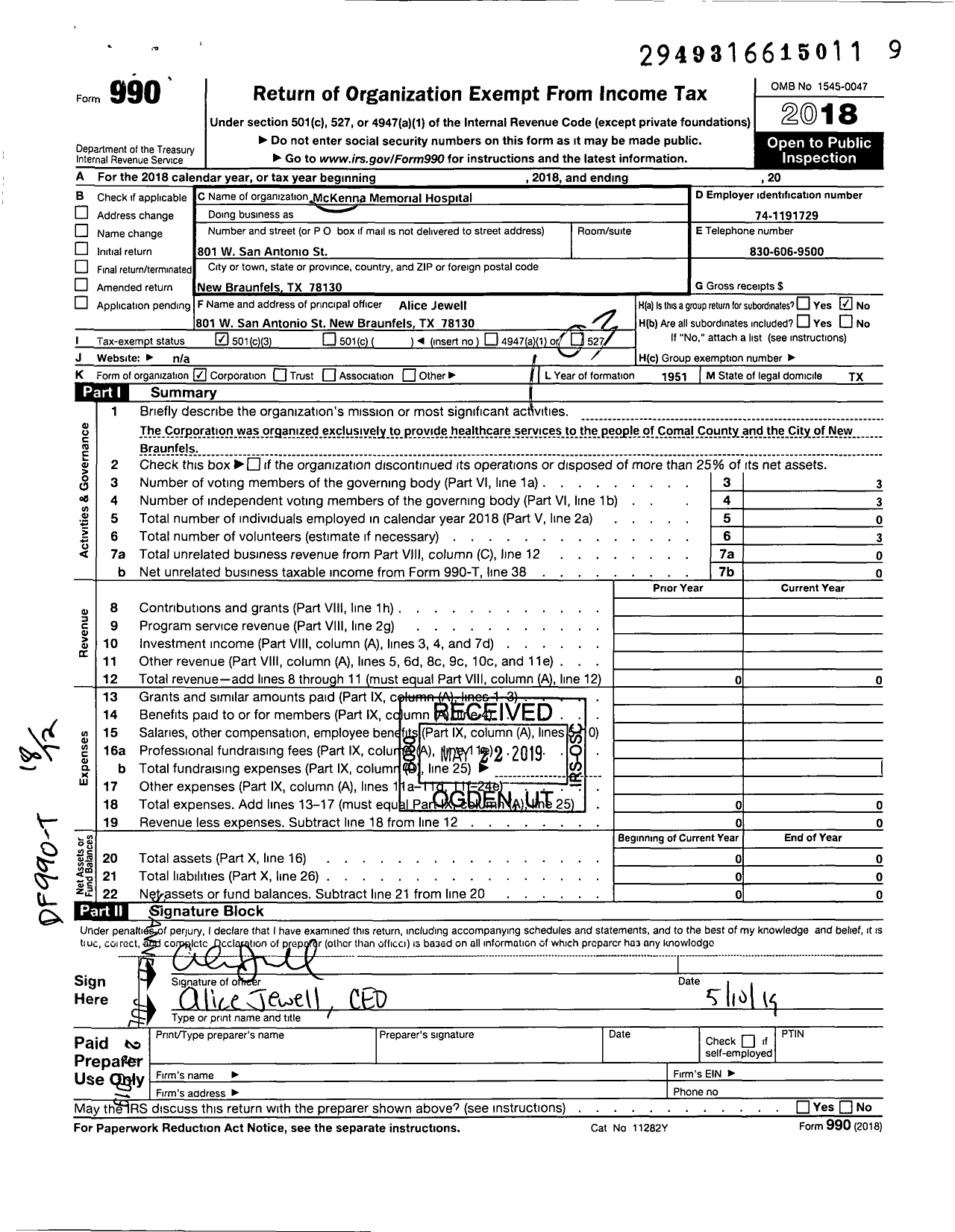 Image of first page of 2018 Form 990 for Mckenna Memorial Hospital