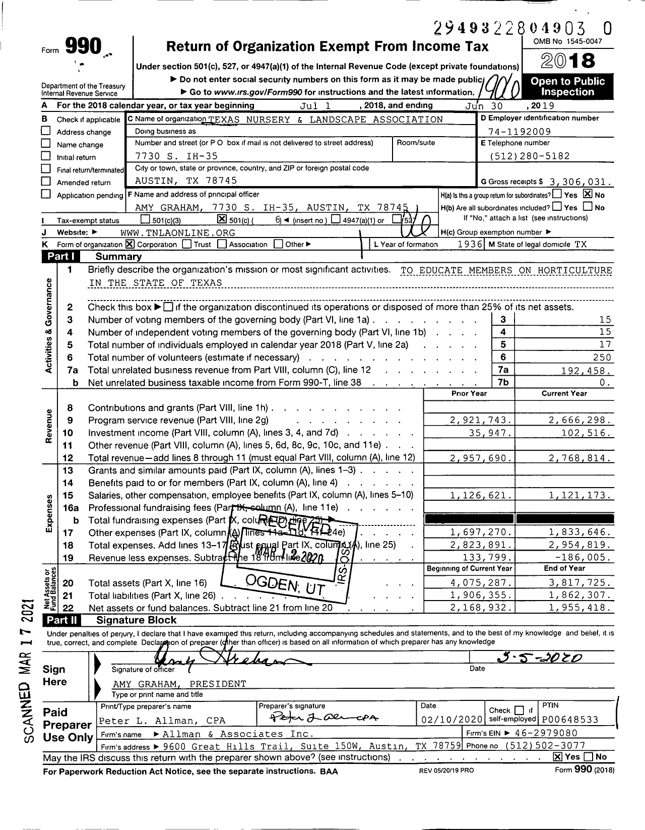 Image of first page of 2018 Form 990O for Texas Nursery and Landscape Association