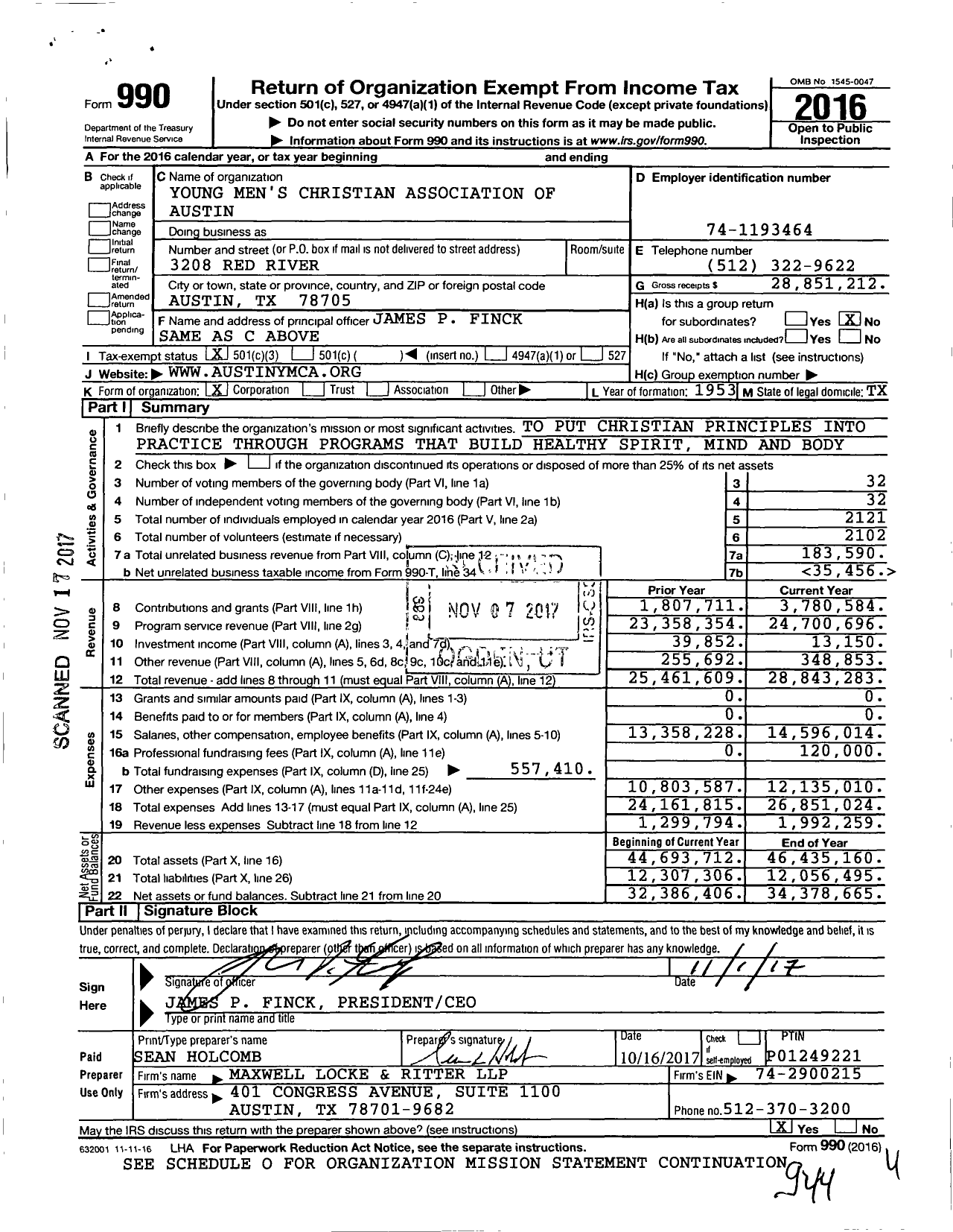 Image of first page of 2016 Form 990 for Greater Austin YMCA