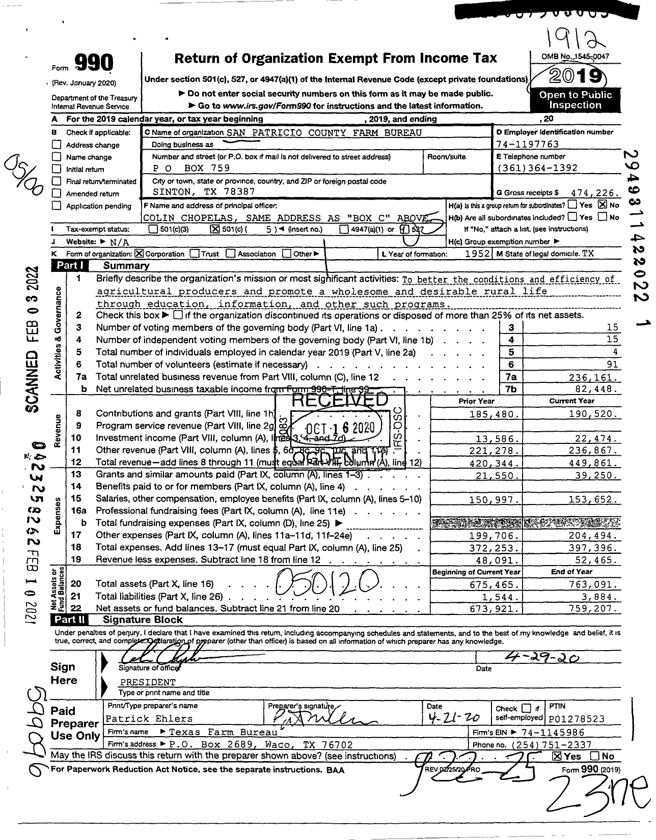 Image of first page of 2019 Form 990O for San Patricio County Farm Bureau