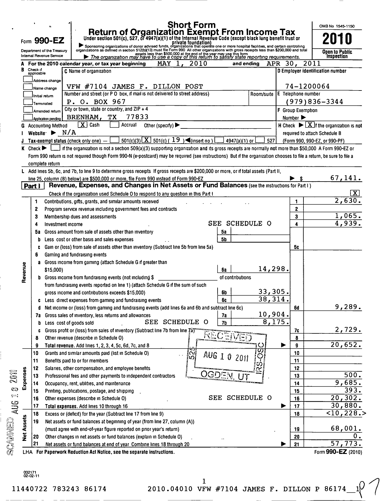 Image of first page of 2010 Form 990EO for Texas VFW - 7104 James F Dillon