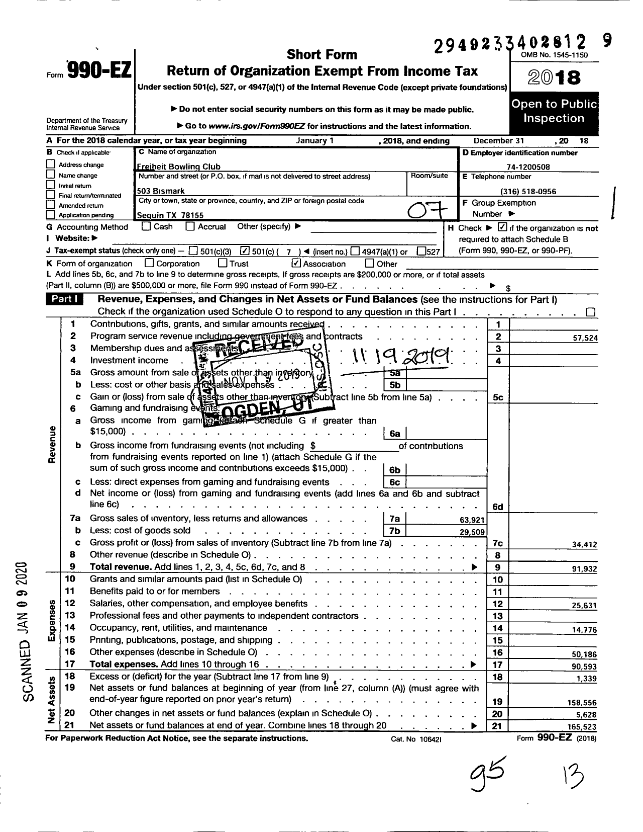 Image of first page of 2018 Form 990EO for Freiheit Bowling Club