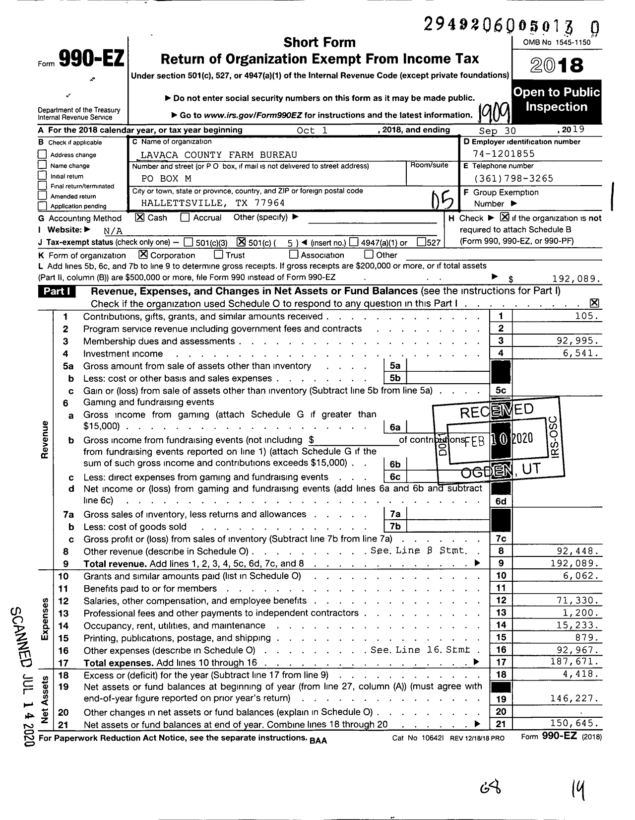 Image of first page of 2018 Form 990EO for Lavaca County Farm Bureau