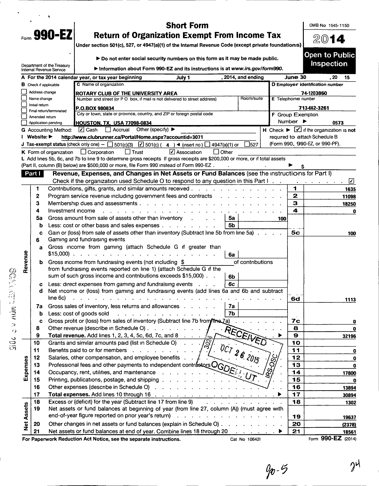 Image of first page of 2014 Form 990EO for Rotary International - Univ Area of Houston Rotary Club