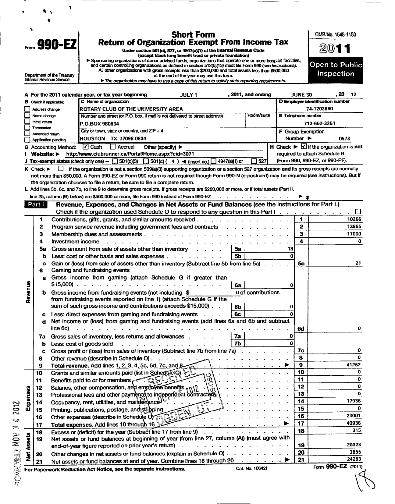 Image of first page of 2011 Form 990EO for Rotary International - Univ Area of Houston Rotary Club