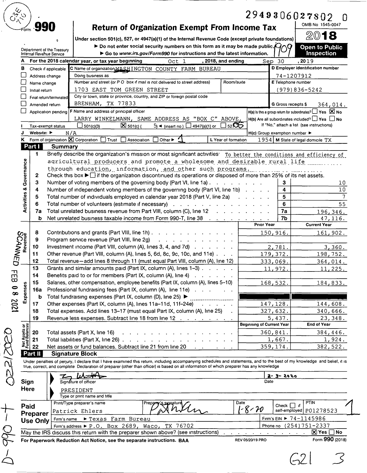 Image of first page of 2018 Form 990O for Washington County Farm Bureau