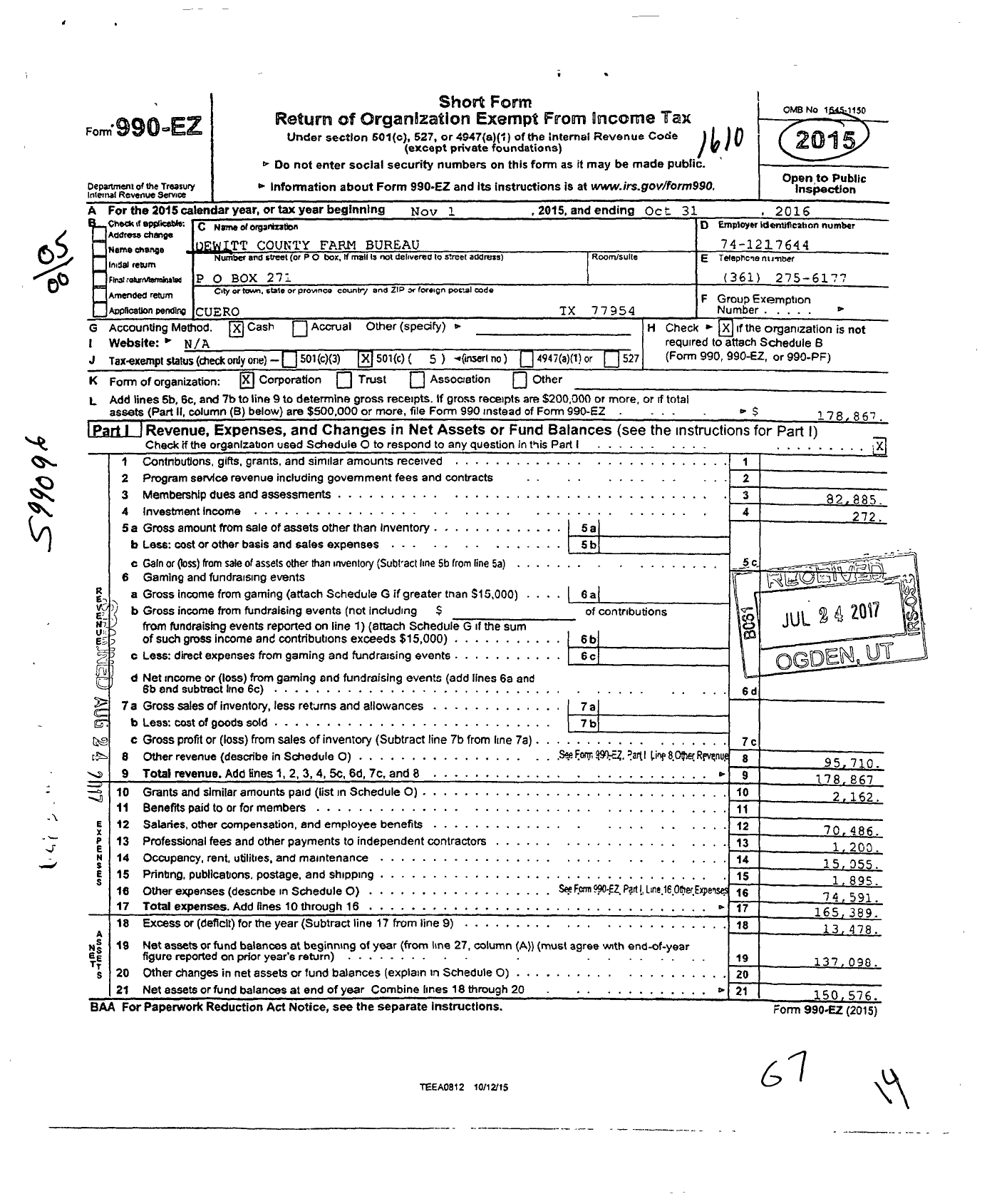Image of first page of 2015 Form 990EO for Dewitt County Farm Bureau