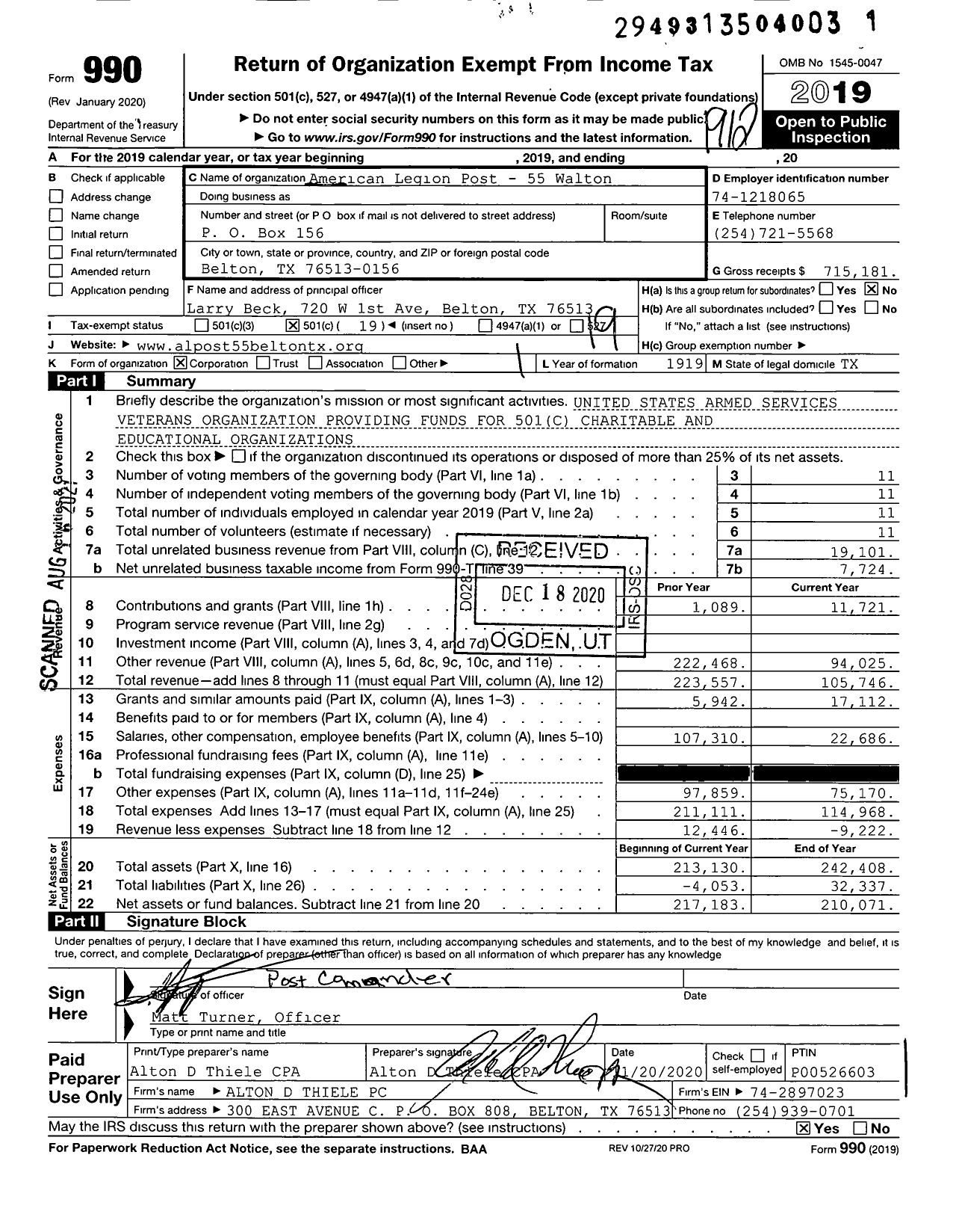 Image of first page of 2019 Form 990O for American Legion Post 55 Walton