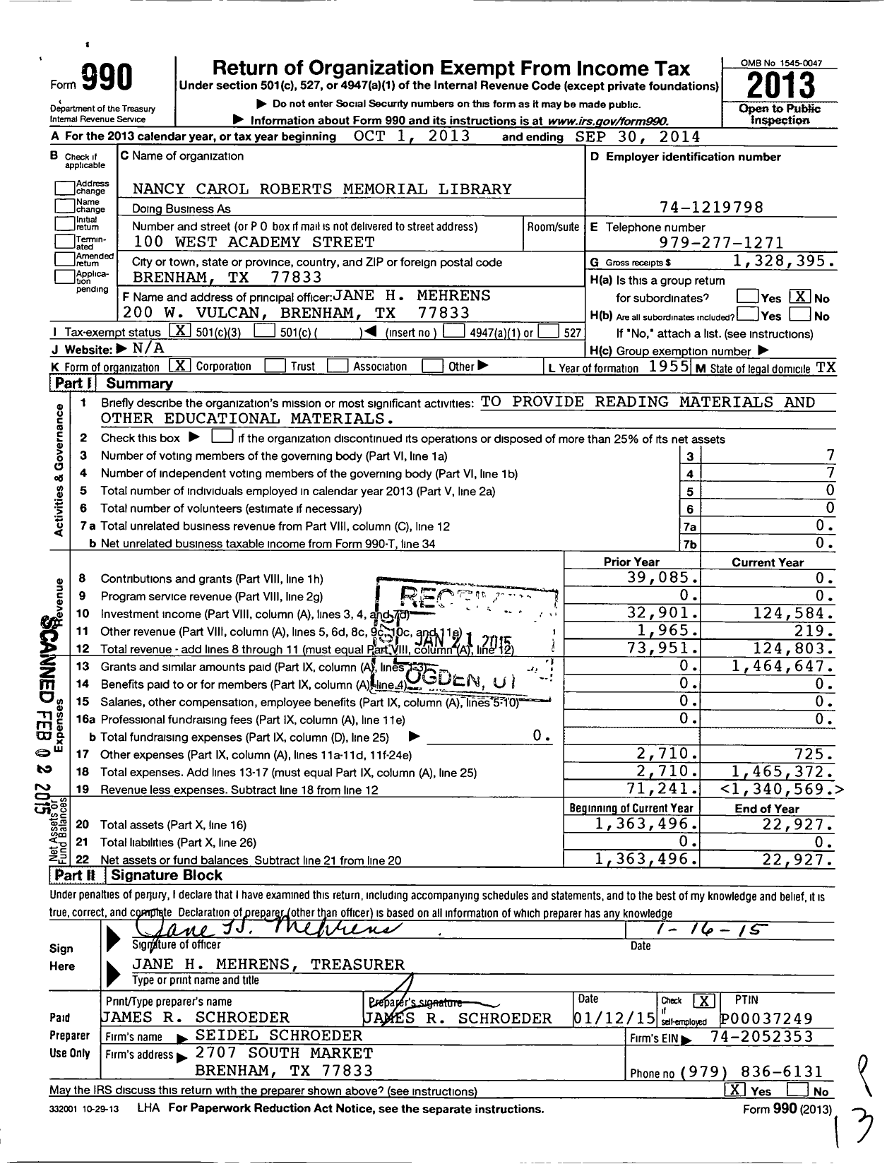 Image of first page of 2013 Form 990 for Nancy Carol Roberts Memorial Library