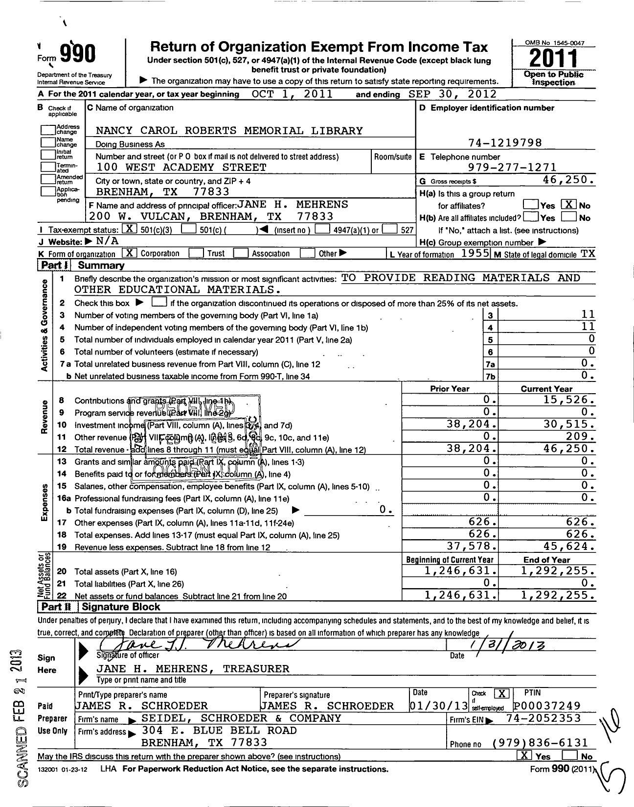 Image of first page of 2011 Form 990 for Nancy Carol Roberts Memorial Library