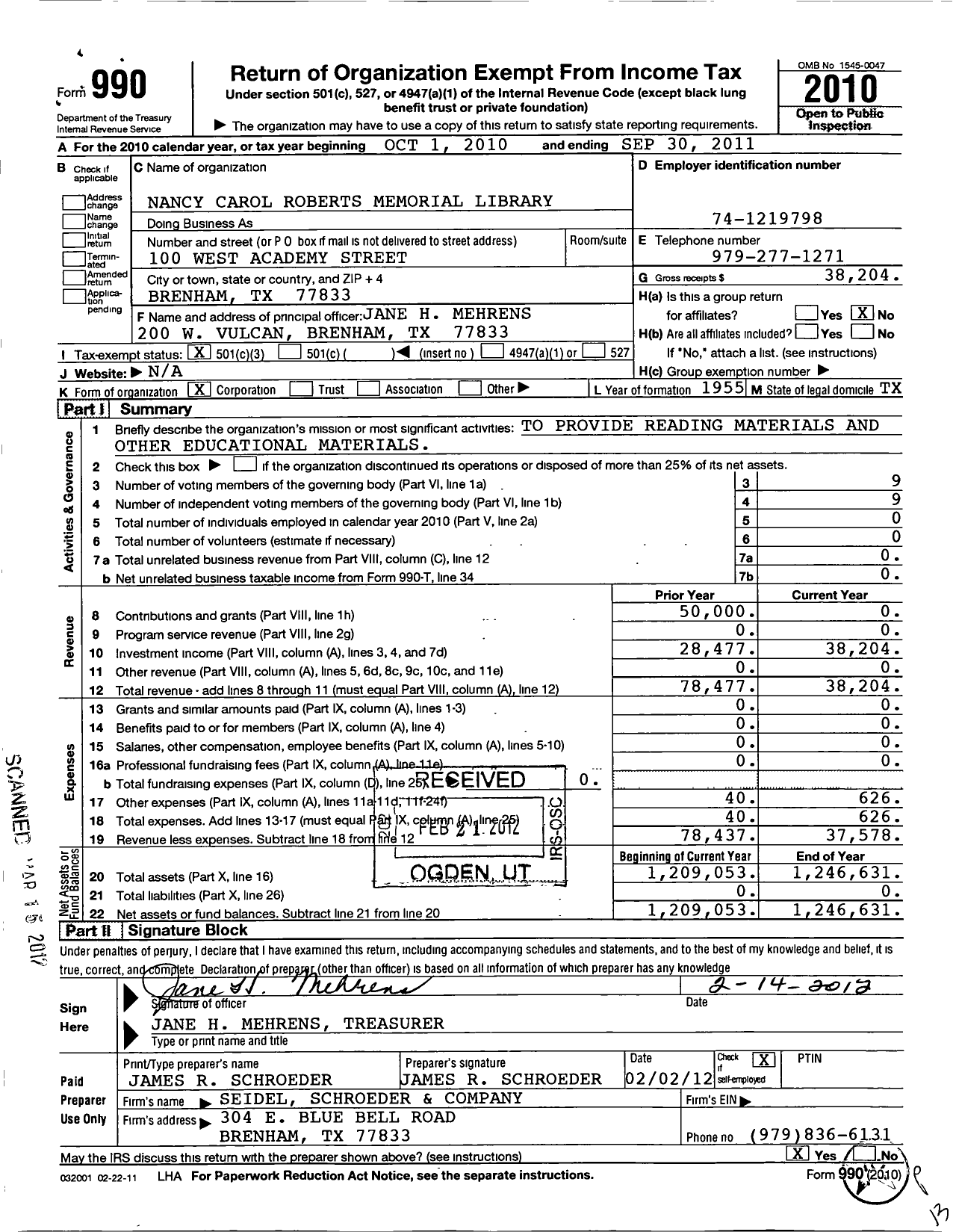 Image of first page of 2010 Form 990 for Nancy Carol Roberts Memorial Library