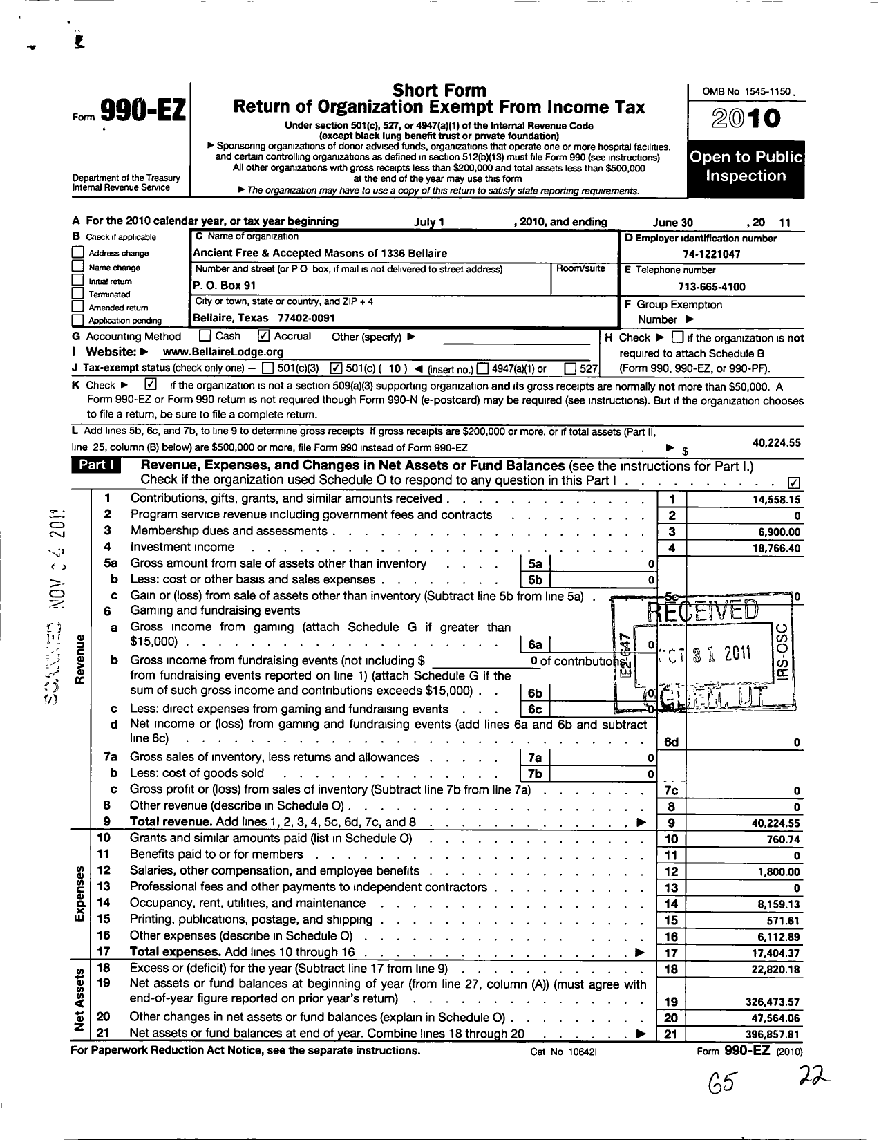 Image of first page of 2010 Form 990EO for Freemasons in Texas - 1336 Bellaire