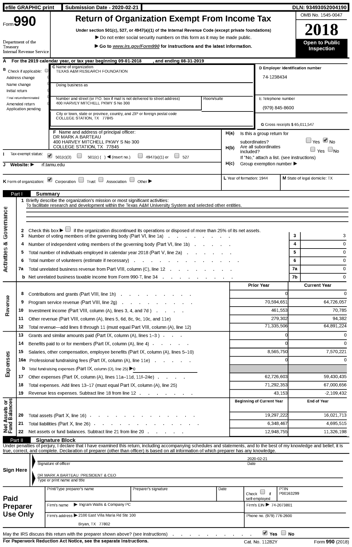 Image of first page of 2018 Form 990 for Texas A&M Research Foundation