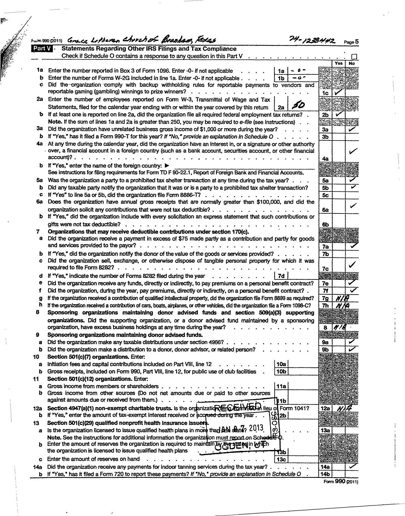 Image of first page of 2011 Form 990R for Grace Lutheran Church of Brenham Texas