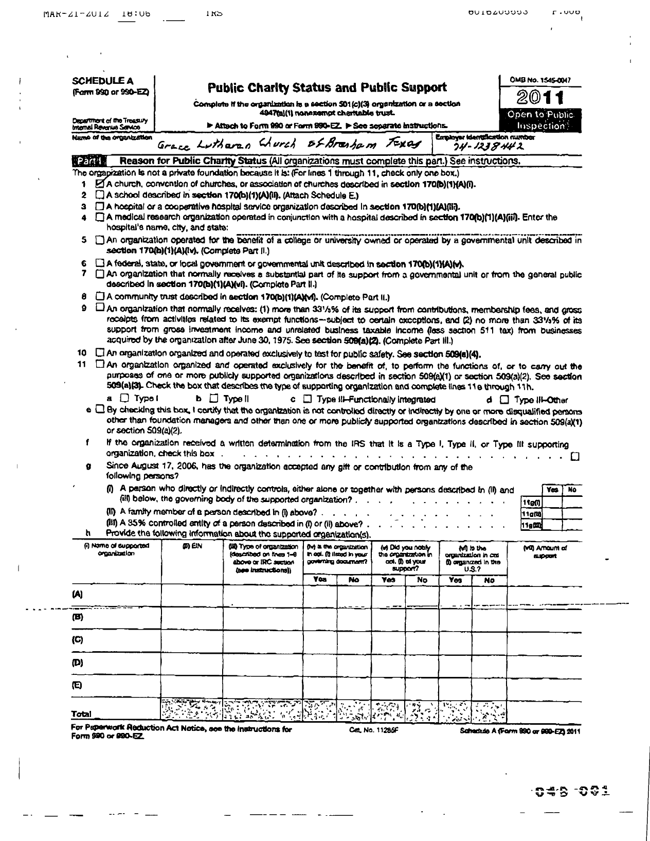 Image of first page of 2010 Form 990R for Grace Lutheran Church of Brenham Texas