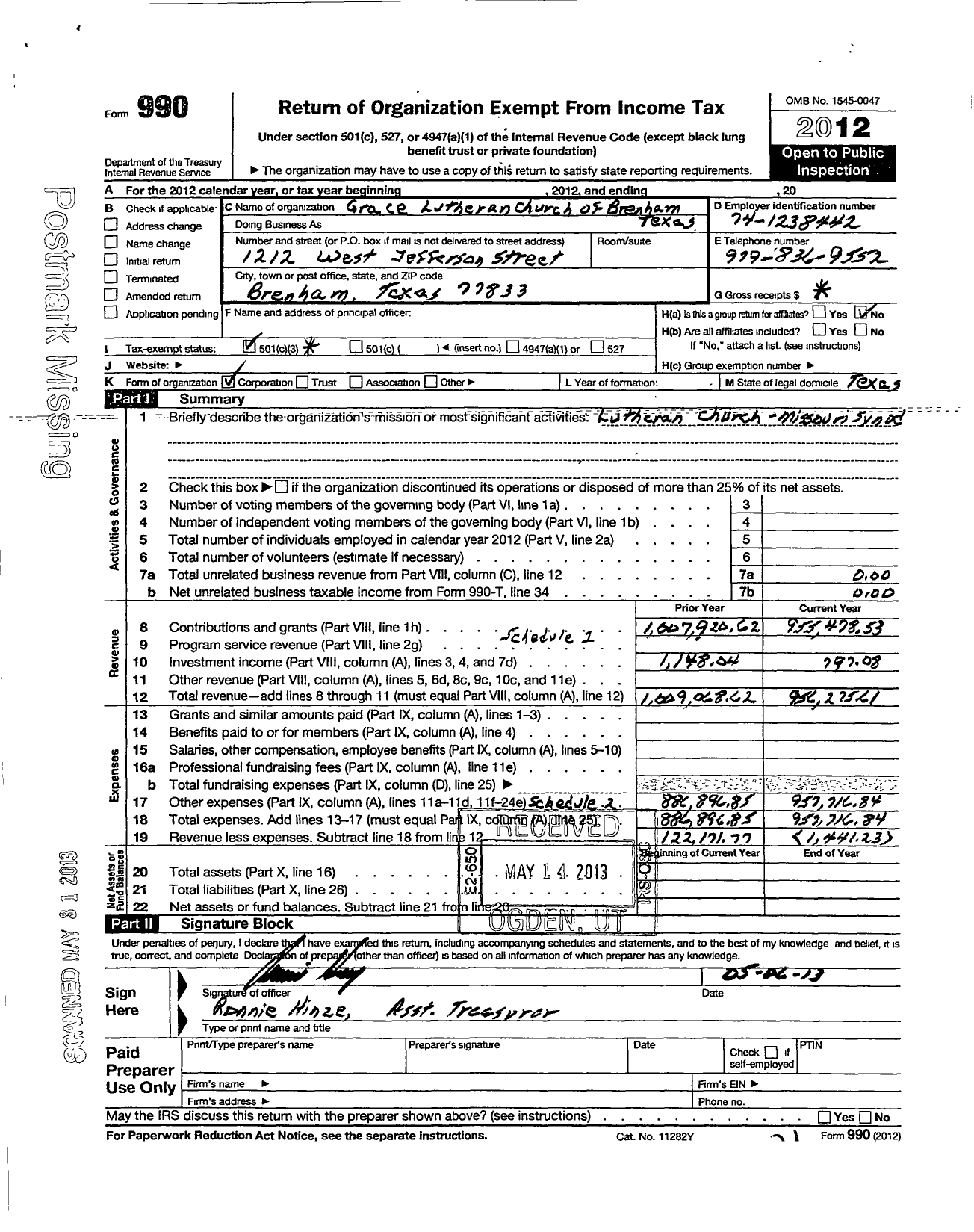 Image of first page of 2012 Form 990 for Grace Lutheran Church of Brenham Texas