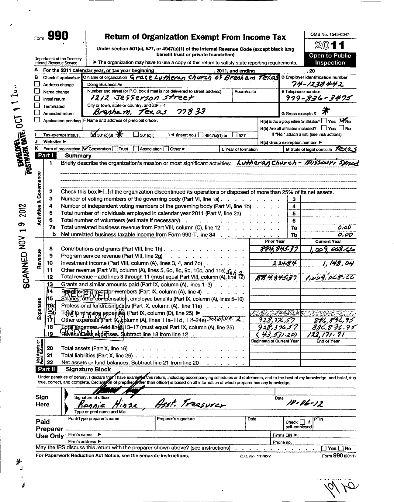 Image of first page of 2011 Form 990 for Grace Lutheran Church of Brenham Texas