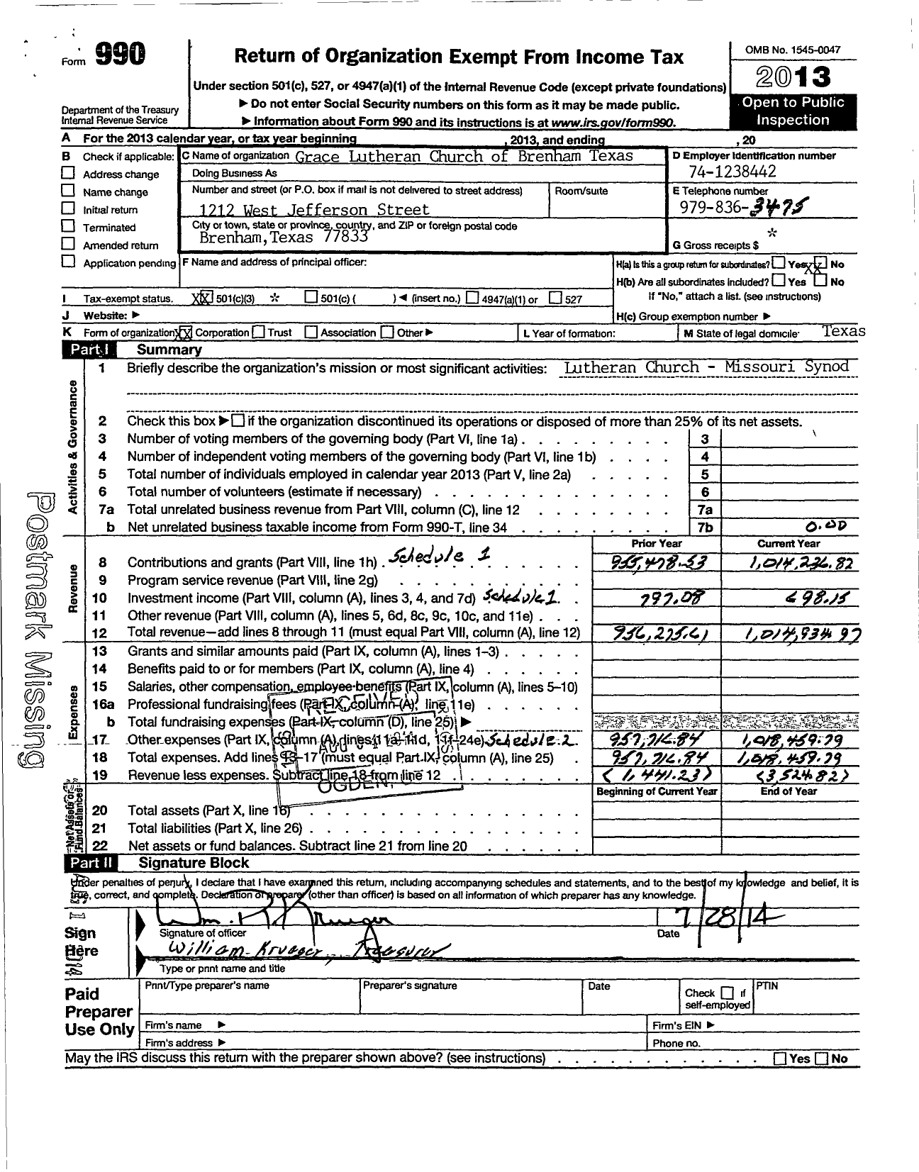 Image of first page of 2013 Form 990 for Grace Lutheran Church of Brenham Texas