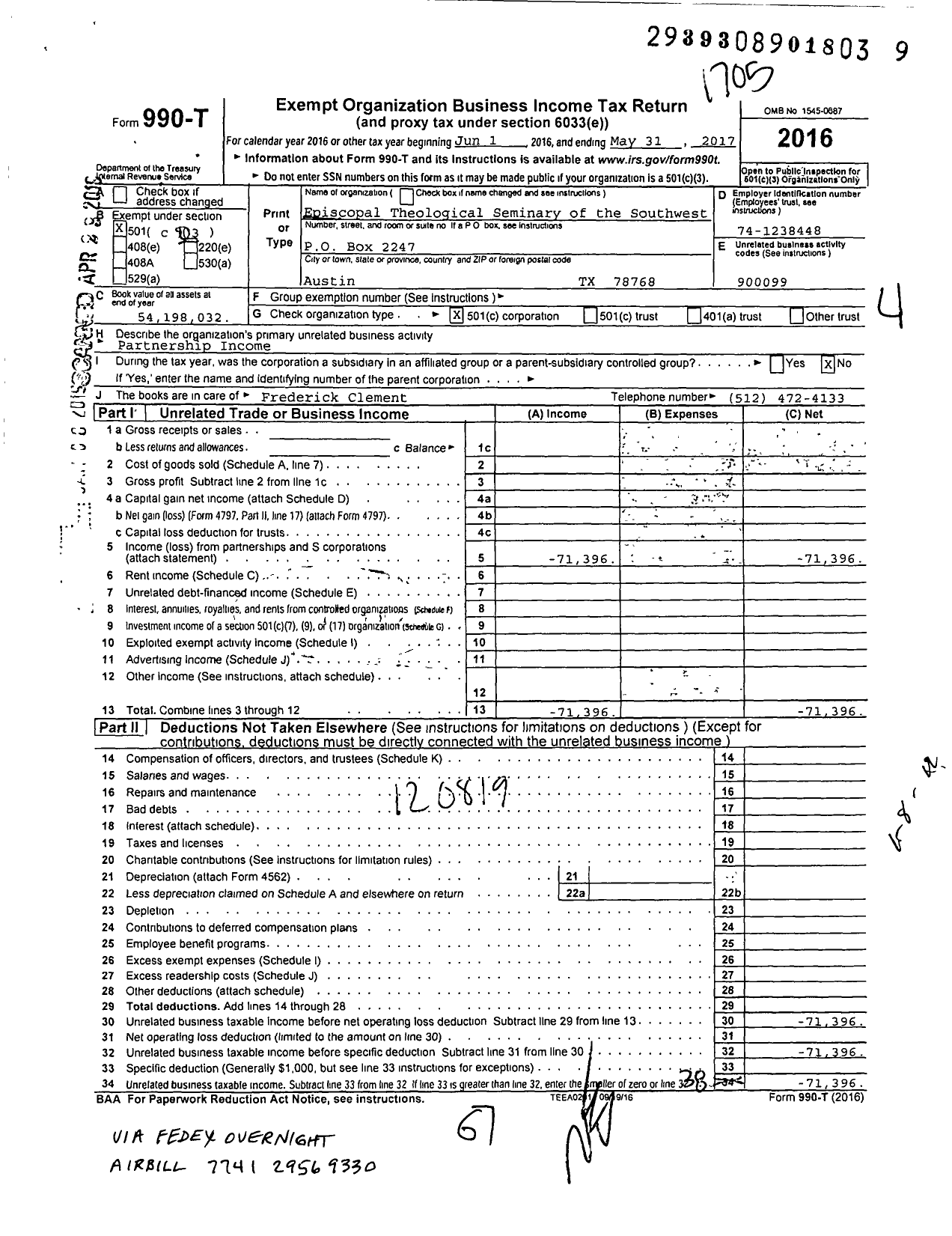 Image of first page of 2016 Form 990T for Seminary of the Southwest