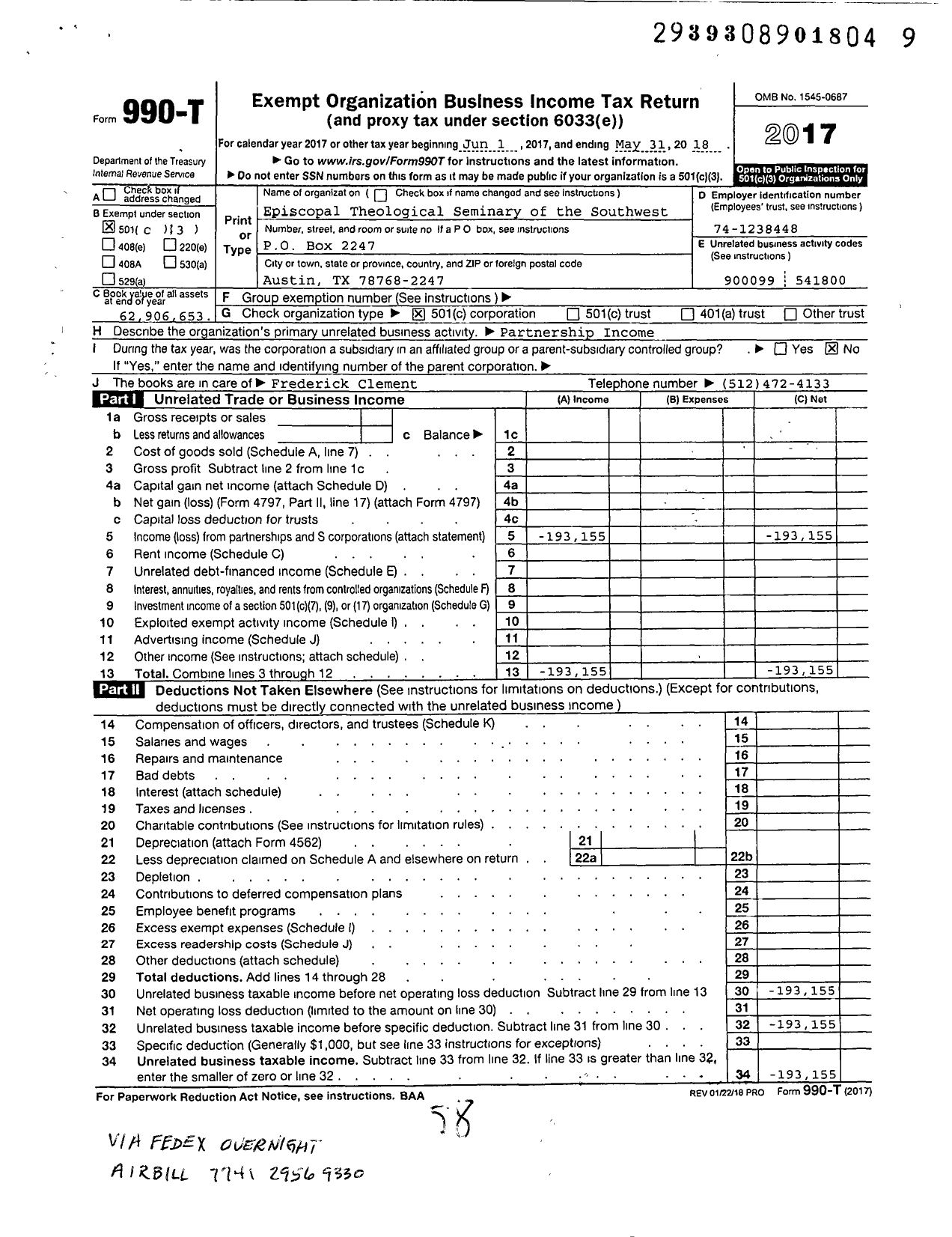 Image of first page of 2017 Form 990T for Seminary of the Southwest