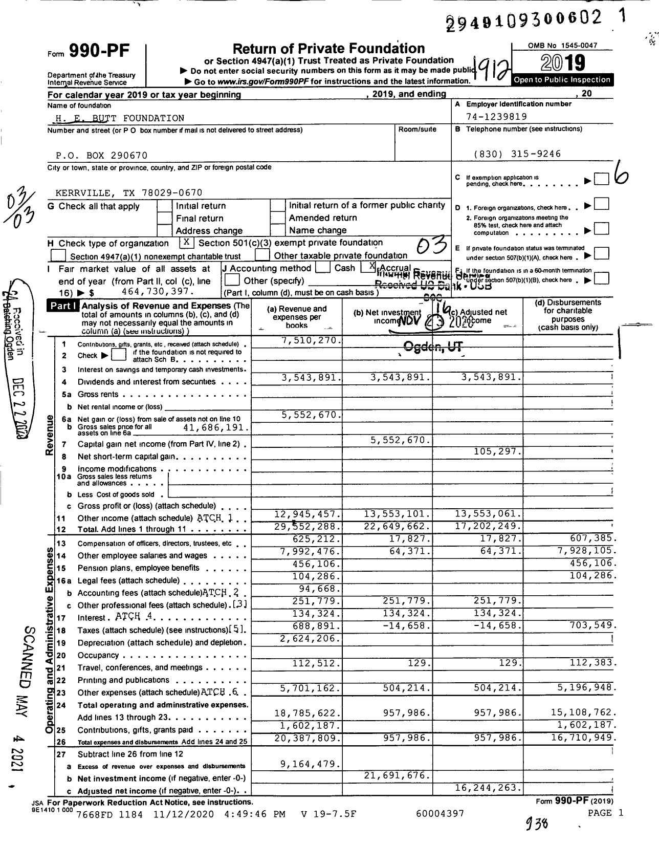 Image of first page of 2019 Form 990PF for H. E. Butt Family Foundation