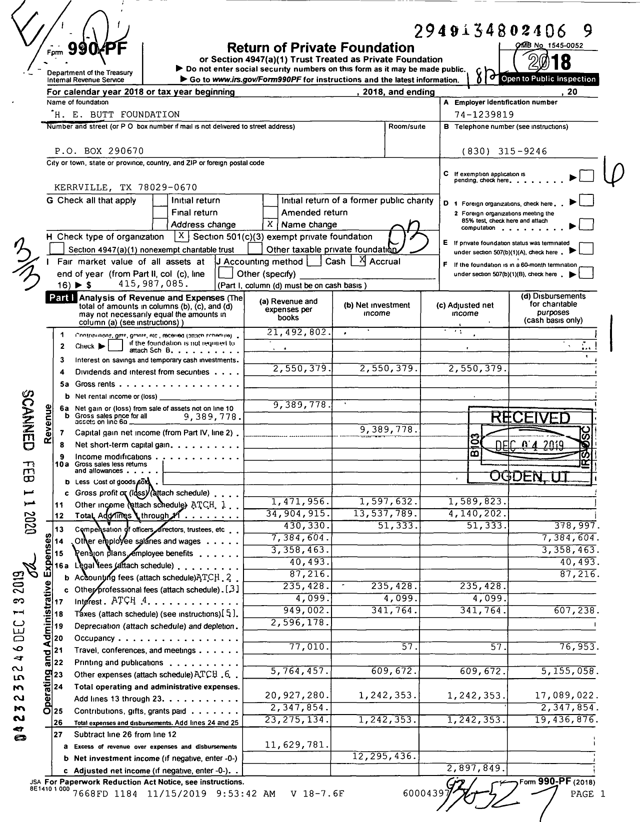 Image of first page of 2018 Form 990PF for H. E. Butt Family Foundation