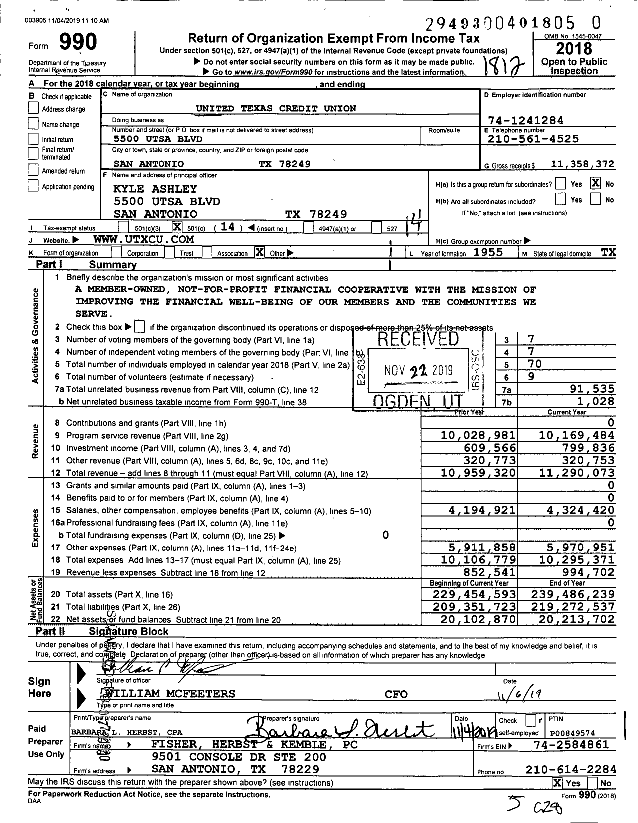 Image of first page of 2018 Form 990O for United Texas Credit Union