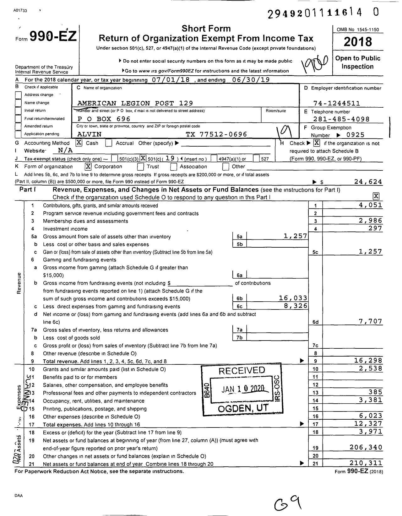 Image of first page of 2018 Form 990EO for American Legion - Alvin Post 0129