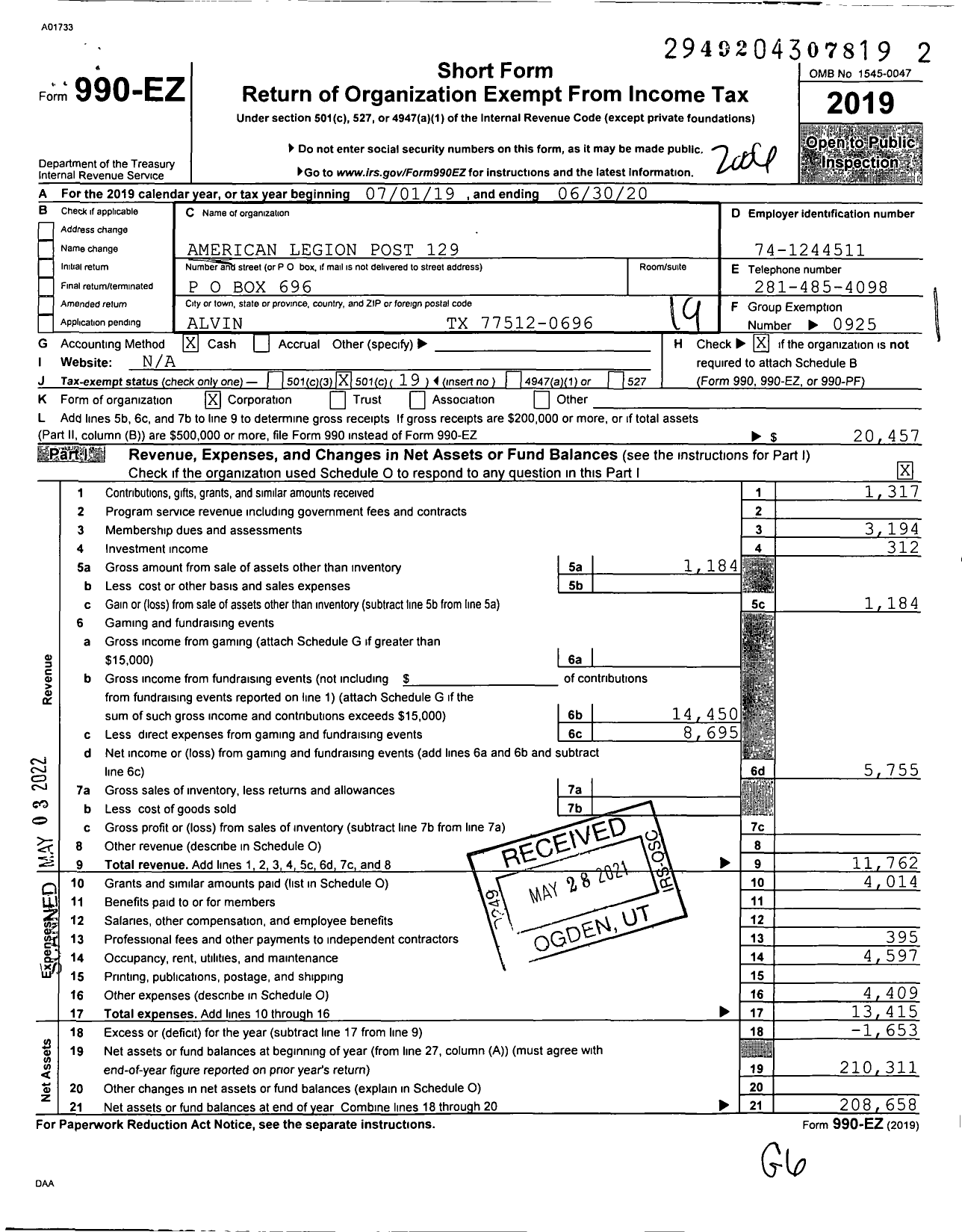 Image of first page of 2019 Form 990EO for American Legion - Alvin Post 0129