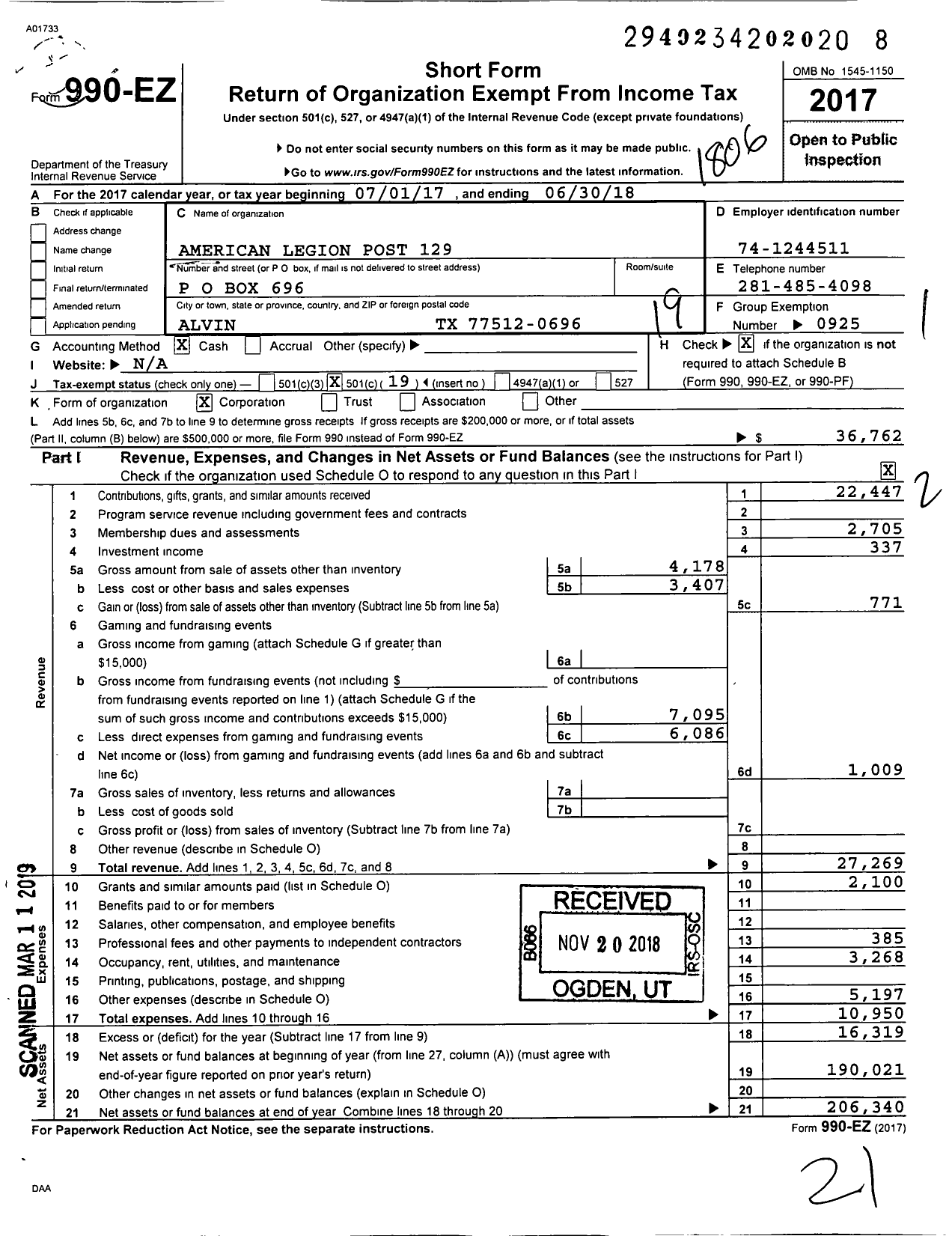 Image of first page of 2017 Form 990EO for American Legion - Alvin Post 0129