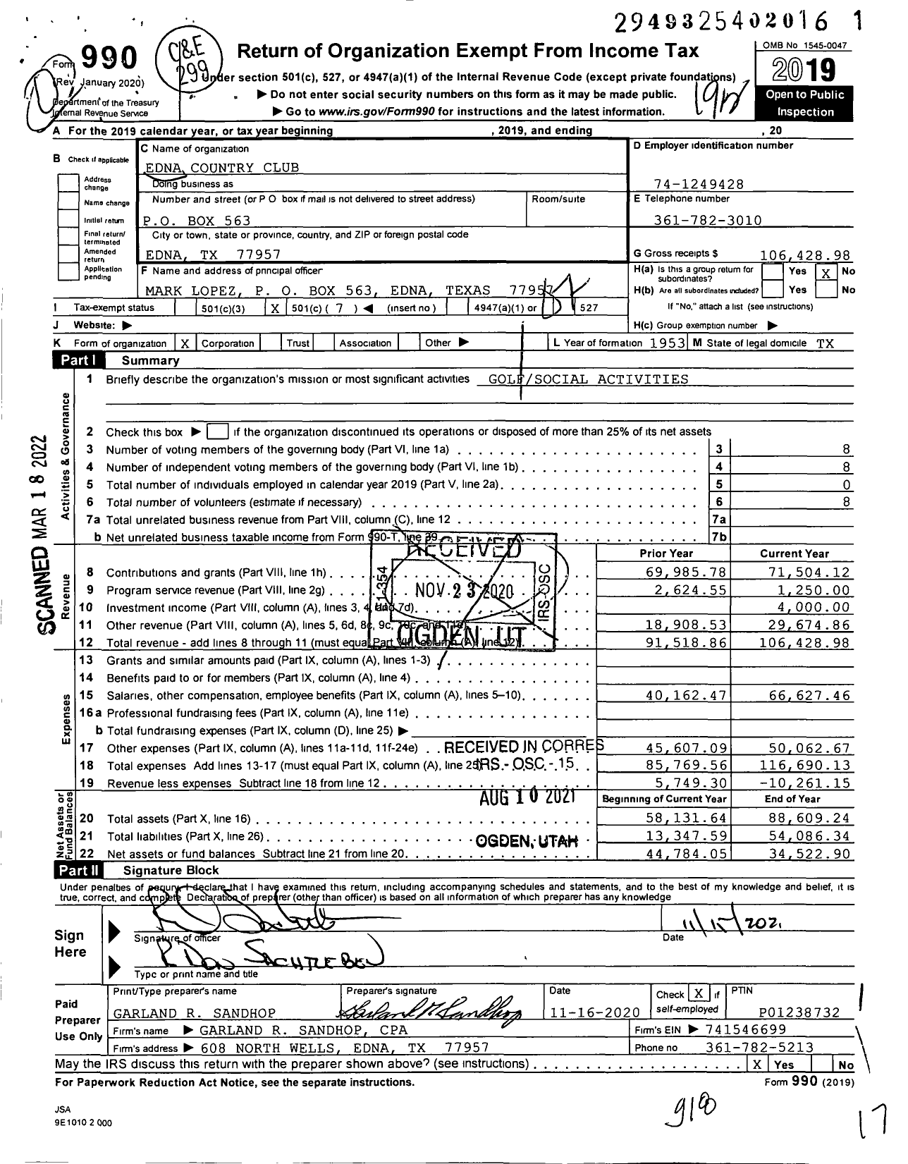 Image of first page of 2019 Form 990O for Edna Country Club