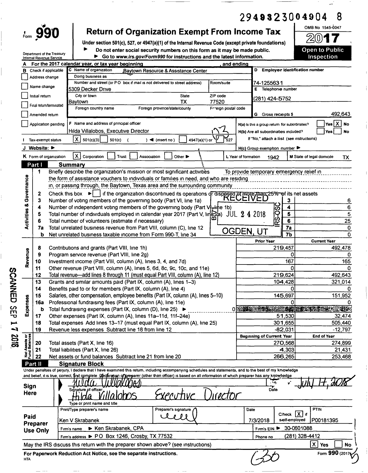 Image of first page of 2017 Form 990 for Baytown Resource & Assistance Center